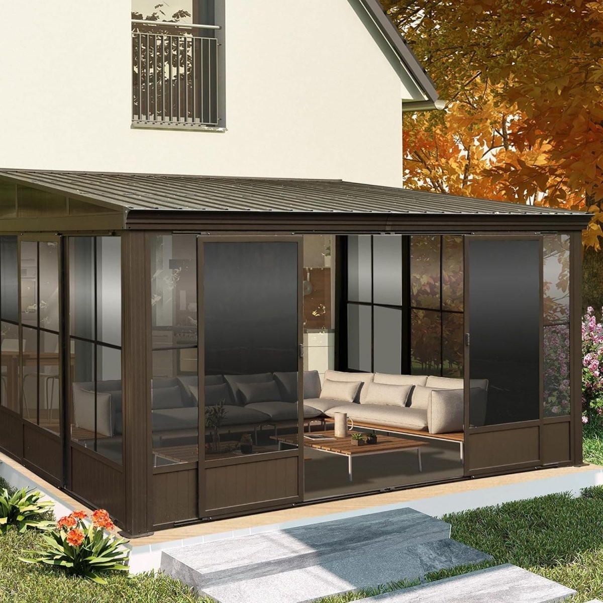 [10x12FT] Premium Against Wall Mounted Solarium Sunroom With Galvanized Steel Sloping Roof (SAK96375) - Energize Trek