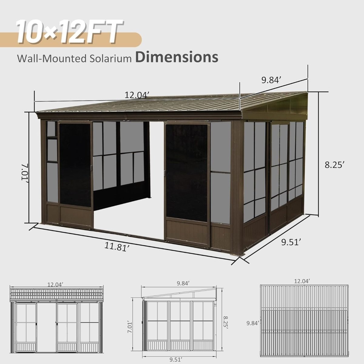 [10x12FT] Premium Against Wall Mounted Solarium Sunroom With Galvanized Steel Sloping Roof (SAK96375) - Energize Trek