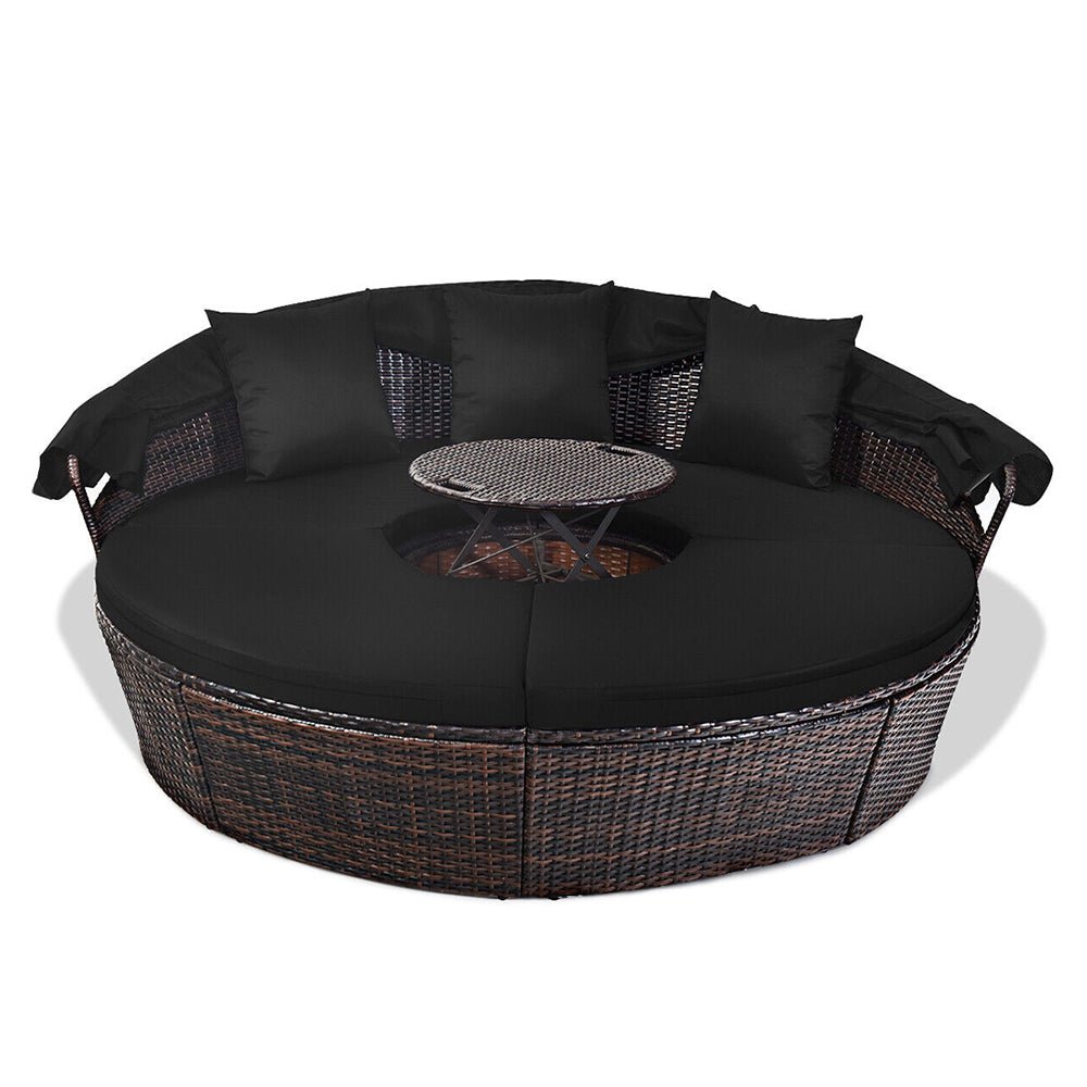 Premium Black Outdoor Patio Rattan Daybed Sofa W/ Adjustable Table Top, Canopy & 3 Pillows, 76'' (92534186) - Energize Trek