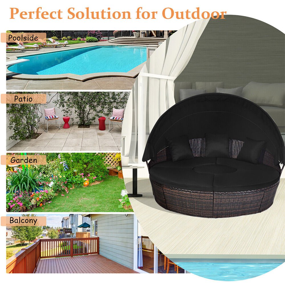 Premium Black Outdoor Patio Rattan Daybed Sofa W/ Adjustable Table Top, Canopy & 3 Pillows, 76'' (92534186) - Energize Trek