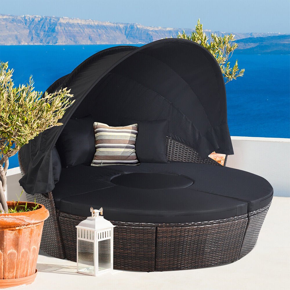 Premium Black Outdoor Patio Rattan Daybed Sofa W/ Adjustable Table Top, Canopy & 3 Pillows, 76'' (92534186) - Energize Trek