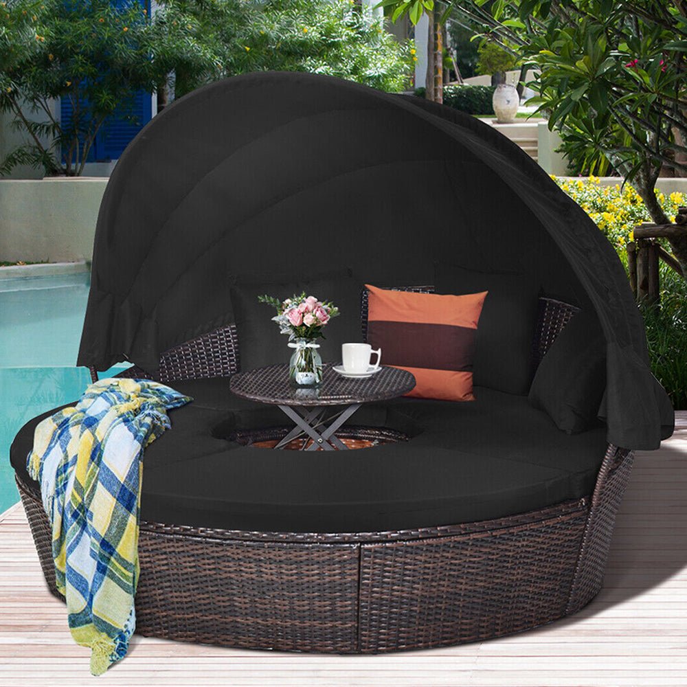 Premium Black Outdoor Patio Rattan Daybed Sofa W/ Adjustable Table Top, Canopy & 3 Pillows, 76'' (92534186) - Energize Trek
