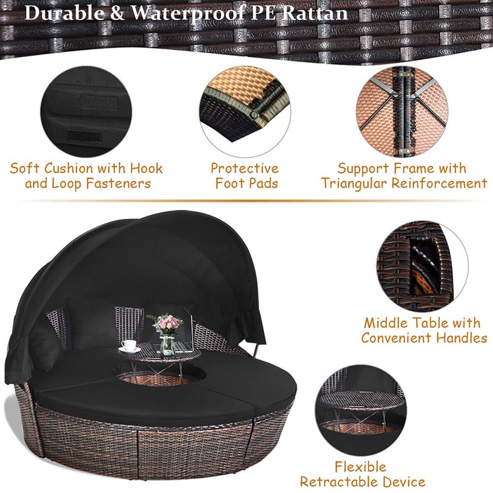 Premium Black Outdoor Patio Rattan Daybed Sofa W/ Adjustable Table Top, Canopy & 3 Pillows, 76'' (92534186) - Energize Trek