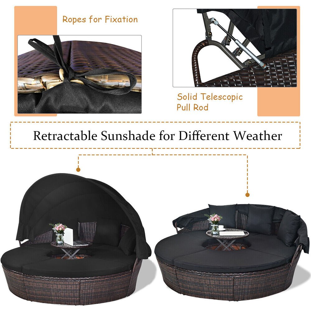 Premium Black Outdoor Patio Rattan Daybed Sofa W/ Adjustable Table Top, Canopy & 3 Pillows, 76'' (92534186) - Energize Trek