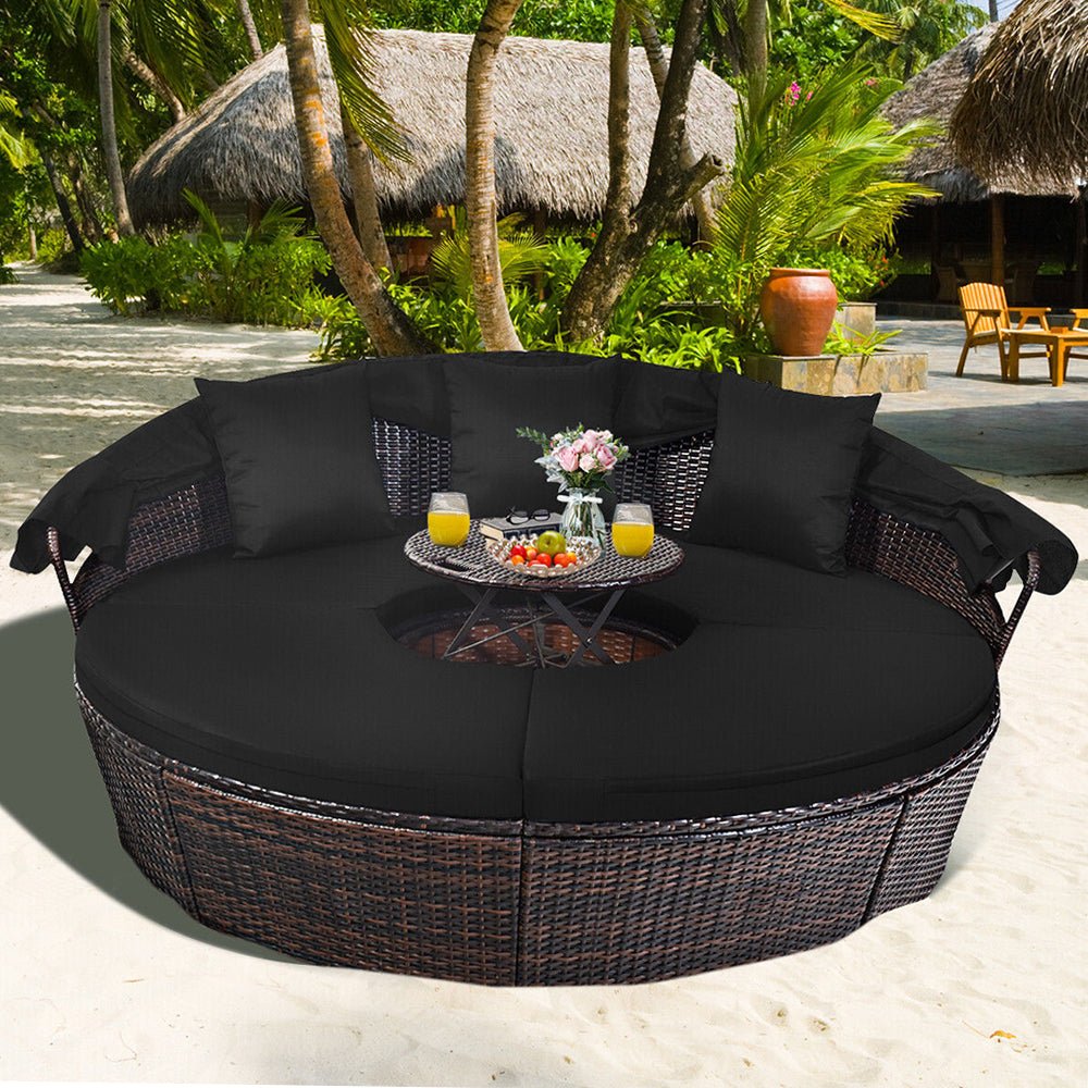 Premium Black Outdoor Patio Rattan Daybed Sofa W/ Adjustable Table Top, Canopy & 3 Pillows, 76'' (92534186) - Energize Trek