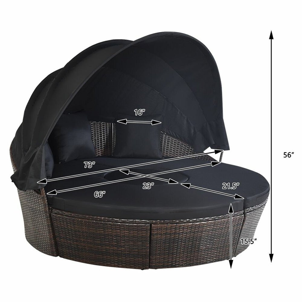Premium Black Outdoor Patio Rattan Daybed Sofa W/ Adjustable Table Top, Canopy & 3 Pillows, 76'' (92534186) - Energize Trek