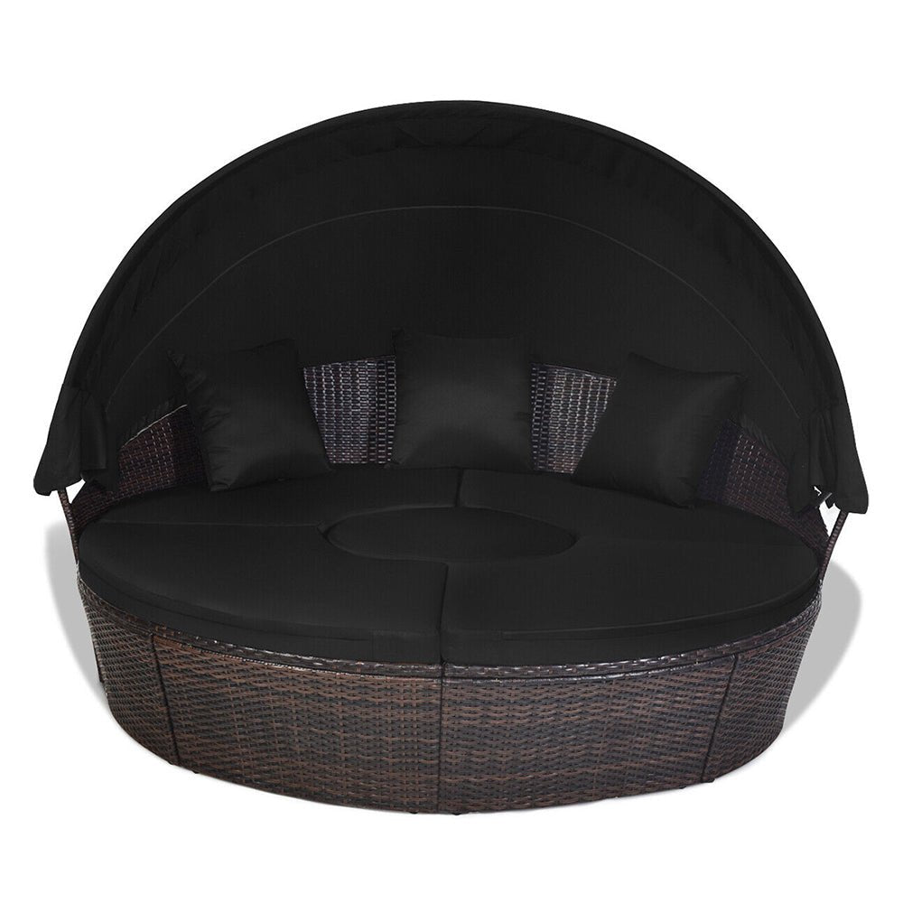 Premium Black Outdoor Patio Rattan Daybed Sofa W/ Adjustable Table Top, Canopy & 3 Pillows, 76'' (92534186) - Energize Trek