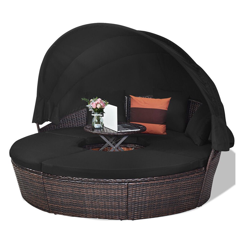Premium Black Outdoor Patio Rattan Daybed Sofa W/ Adjustable Table Top, Canopy & 3 Pillows, 76'' (92534186) - Energize Trek