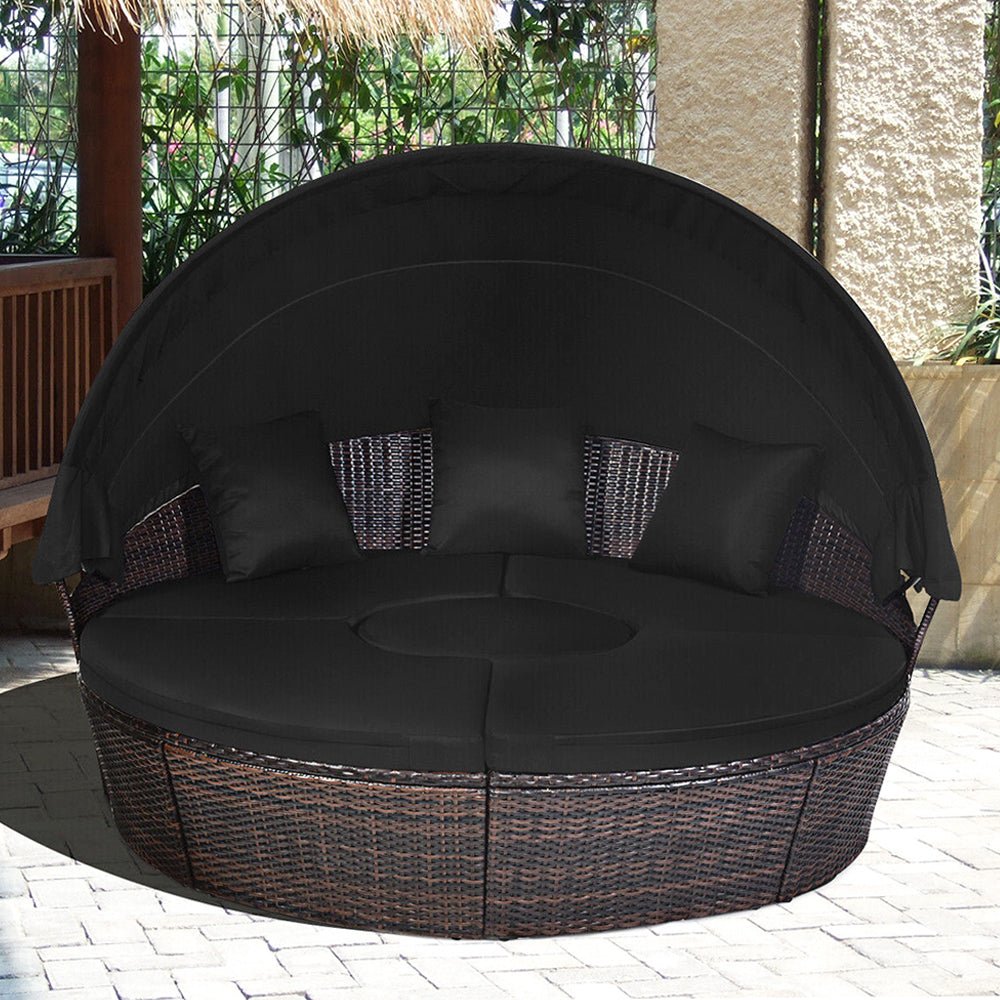 Premium Black Outdoor Patio Rattan Daybed Sofa W/ Adjustable Table Top, Canopy & 3 Pillows, 76'' (92534186) - Energize Trek