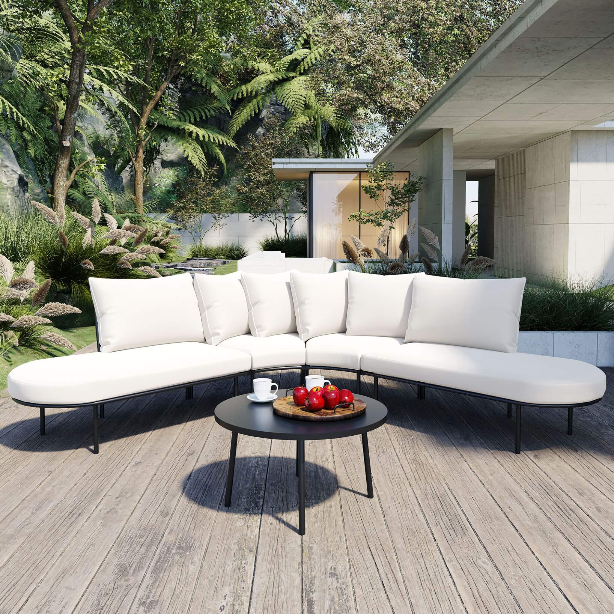Premium Half- Moon 6-Person Curved All-Weather Outdoor Furniture Sofa Patio Set With Coffee Table And Cushions (SAK76332) - Energize Trek