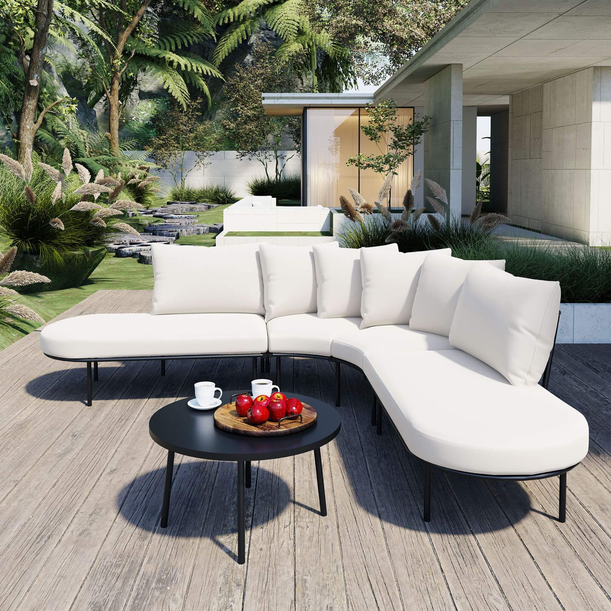 Premium Half- Moon 6-Person Curved All-Weather Outdoor Furniture Sofa Patio Set With Coffee Table And Cushions (SAK76332) - Energize Trek