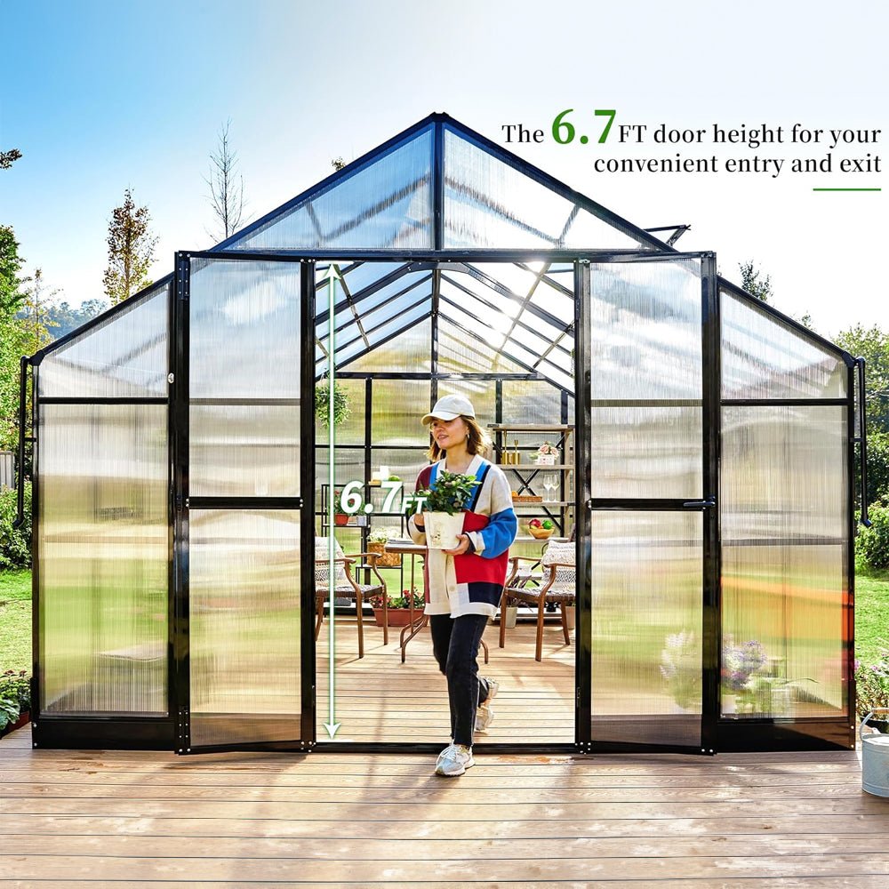 [12x13.5FT] Premium Large Outdoor Double Door Aluminum Polycarbonate Greenhouse With Quick Connect Fitting (96243175) - Energize Trek