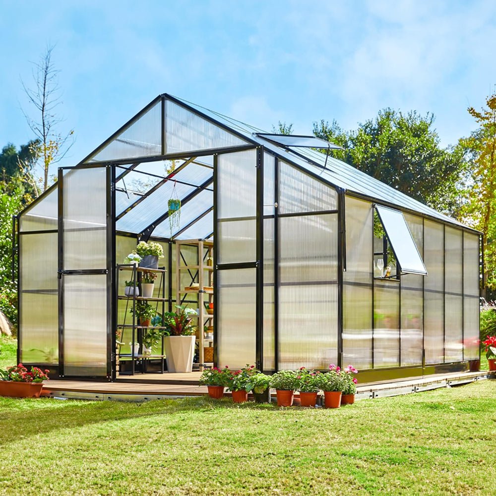 [12x13.5FT] Premium Large Outdoor Double Door Aluminum Polycarbonate Greenhouse With Quick Connect Fitting (96243175) - Energize Trek
