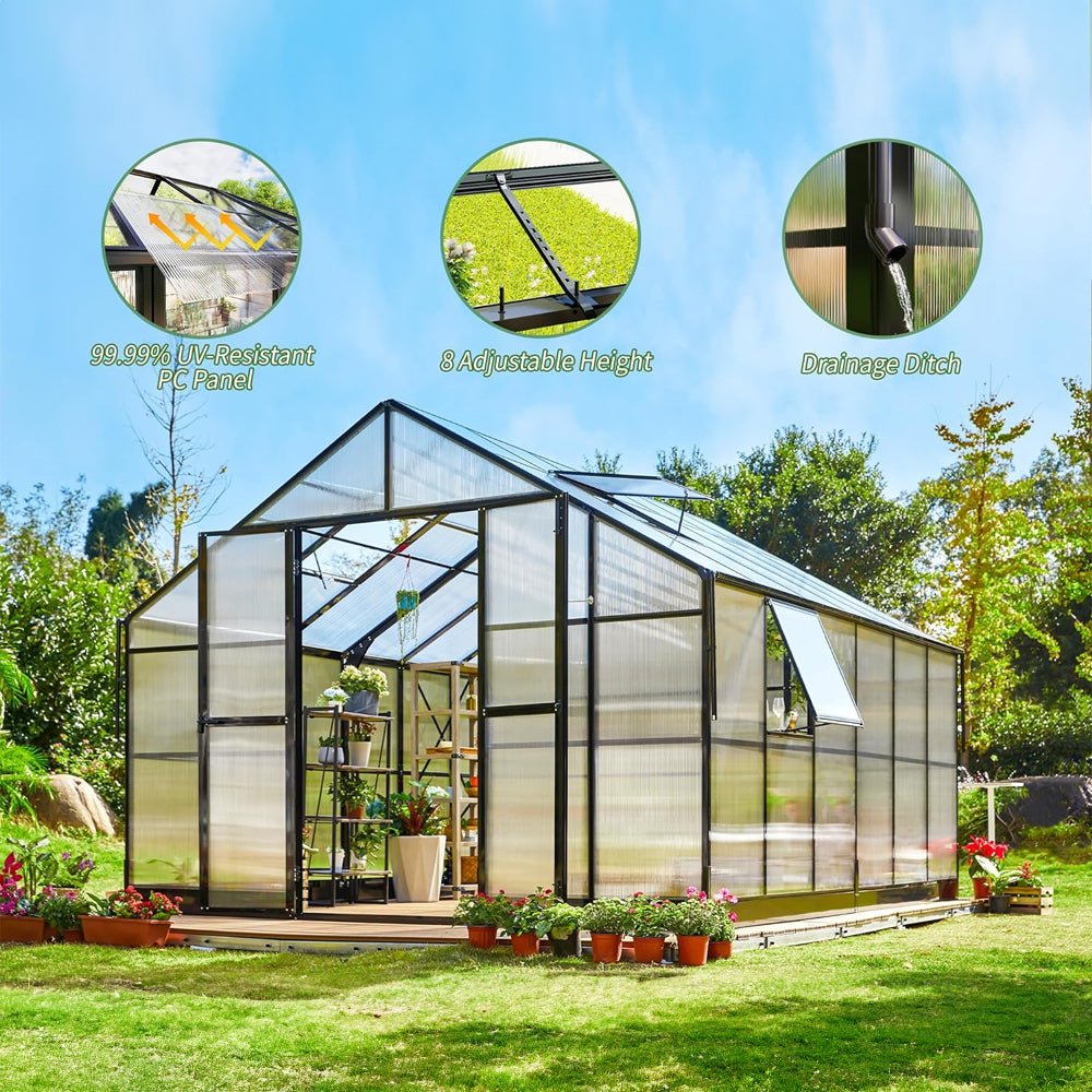 [12x13.5FT] Premium Large Outdoor Double Door Aluminum Polycarbonate Greenhouse With Quick Connect Fitting (96243175) - Energize Trek
