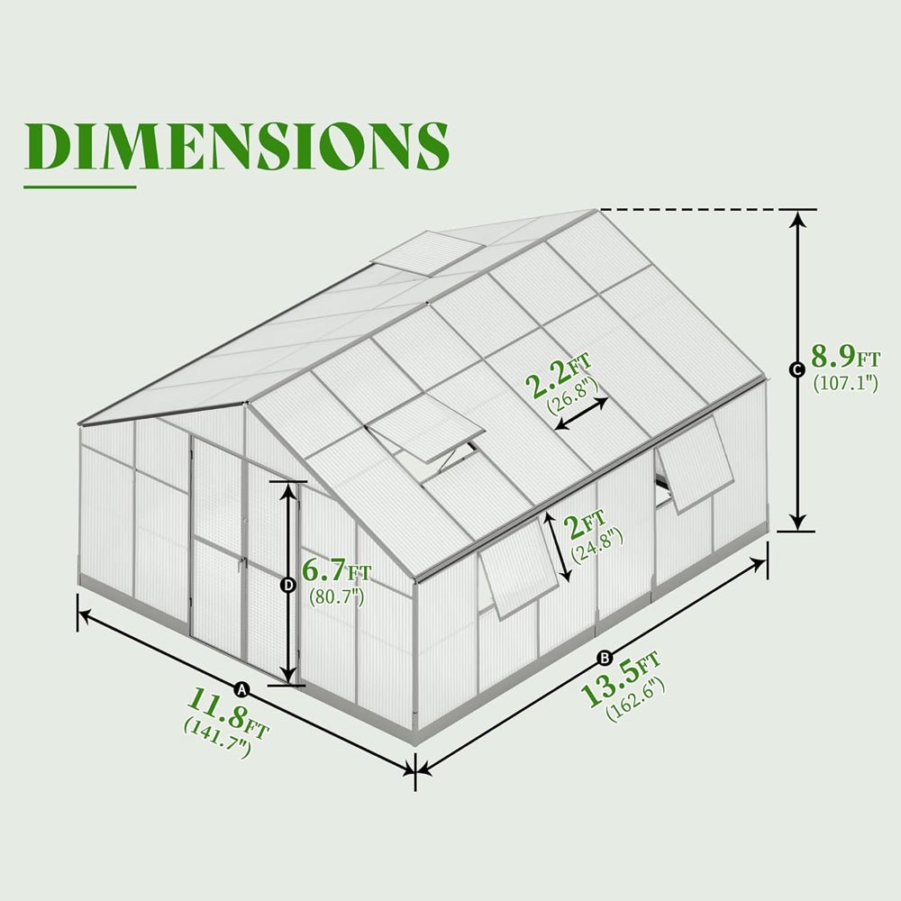 [12x13.5FT] Premium Large Outdoor Double Door Aluminum Polycarbonate Greenhouse With Quick Connect Fitting (96243175) - Energize Trek
