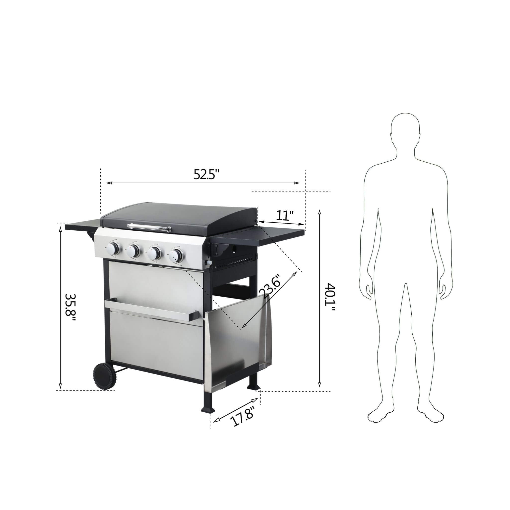 Premium Outdoor 4-Burner Propane BBQ Grill With Foldable Side Tables, Hanging Basket, And Cooking Grids (SAK53213) - Energize Trek