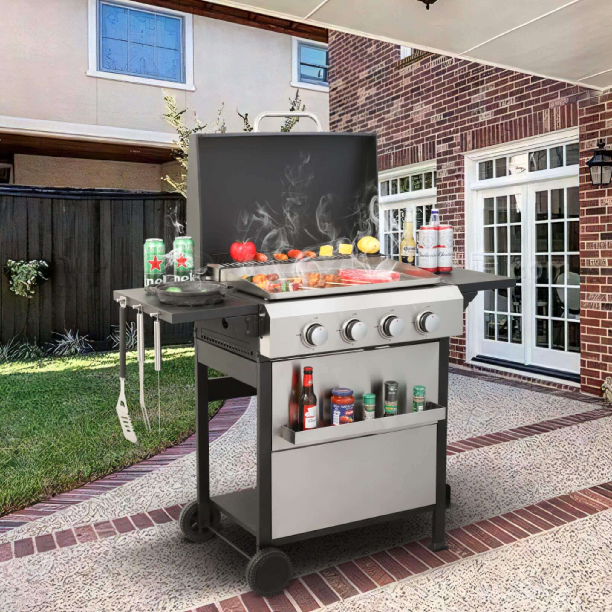 Premium Outdoor 4-Burner Propane BBQ Grill With Foldable Side Tables, Hanging Basket, And Cooking Grids (SAK53213) - Energize Trek