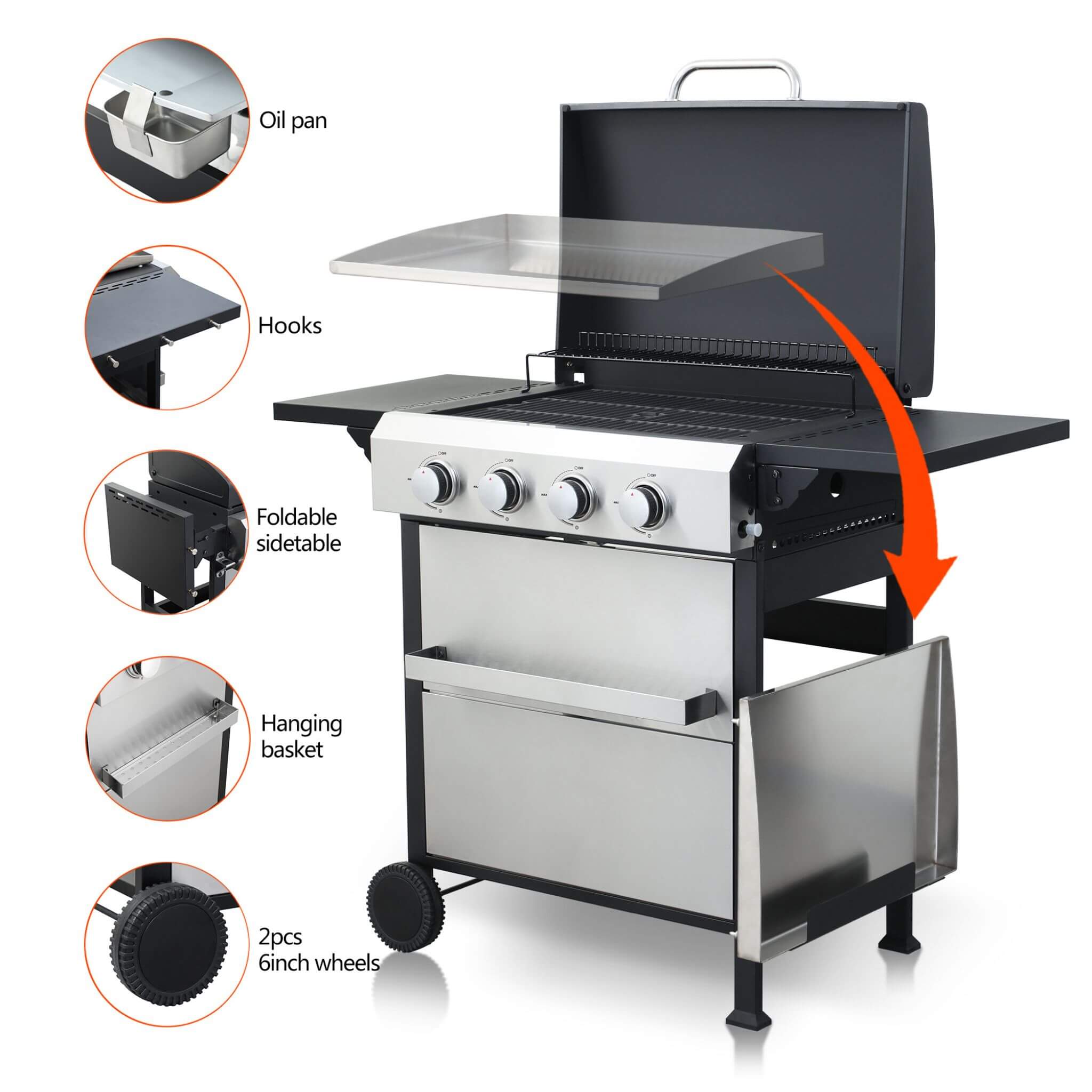 Premium Outdoor 4-Burner Propane BBQ Grill With Foldable Side Tables, Hanging Basket, And Cooking Grids (SAK53213) - Energize Trek