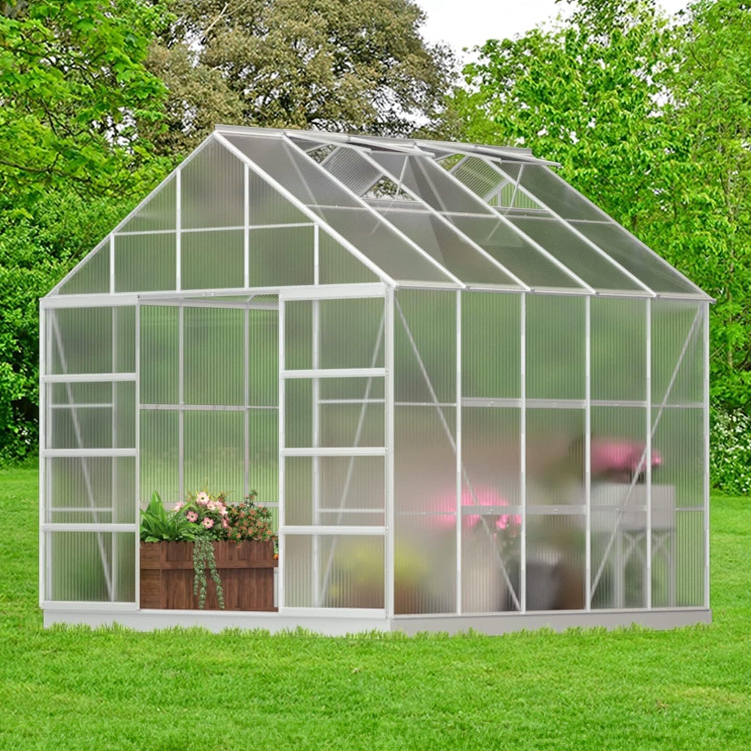 [10x10FT] Premium Outdoor Aluminum Walk-In Greenhouse With Polycarbonate Panels & Sliding Doors (94638275) - Energize Trek