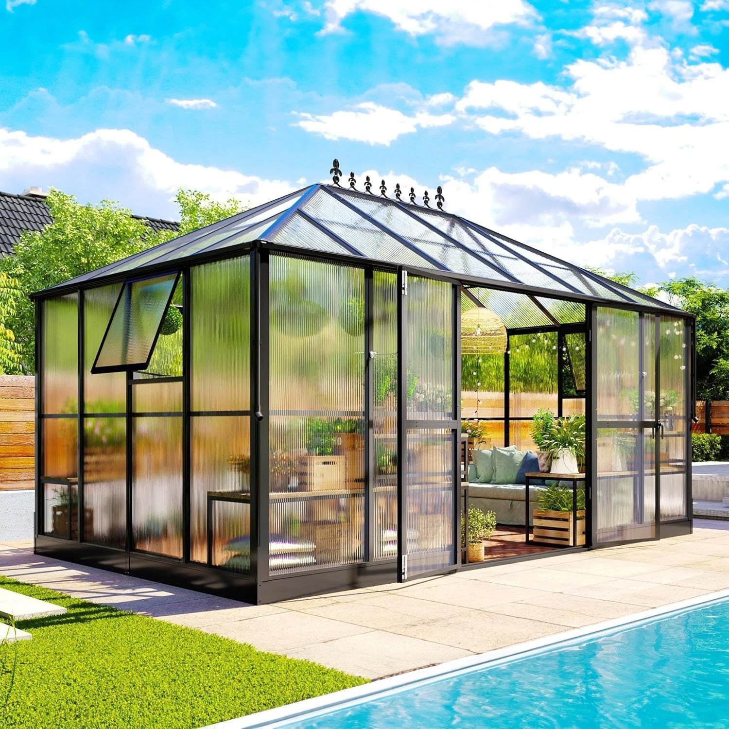 [10x14FT] Premium Outdoor Polycarbonate Greenhouse With Aluminum Frame And Double Swing Doors (93841752) - Energize Trek