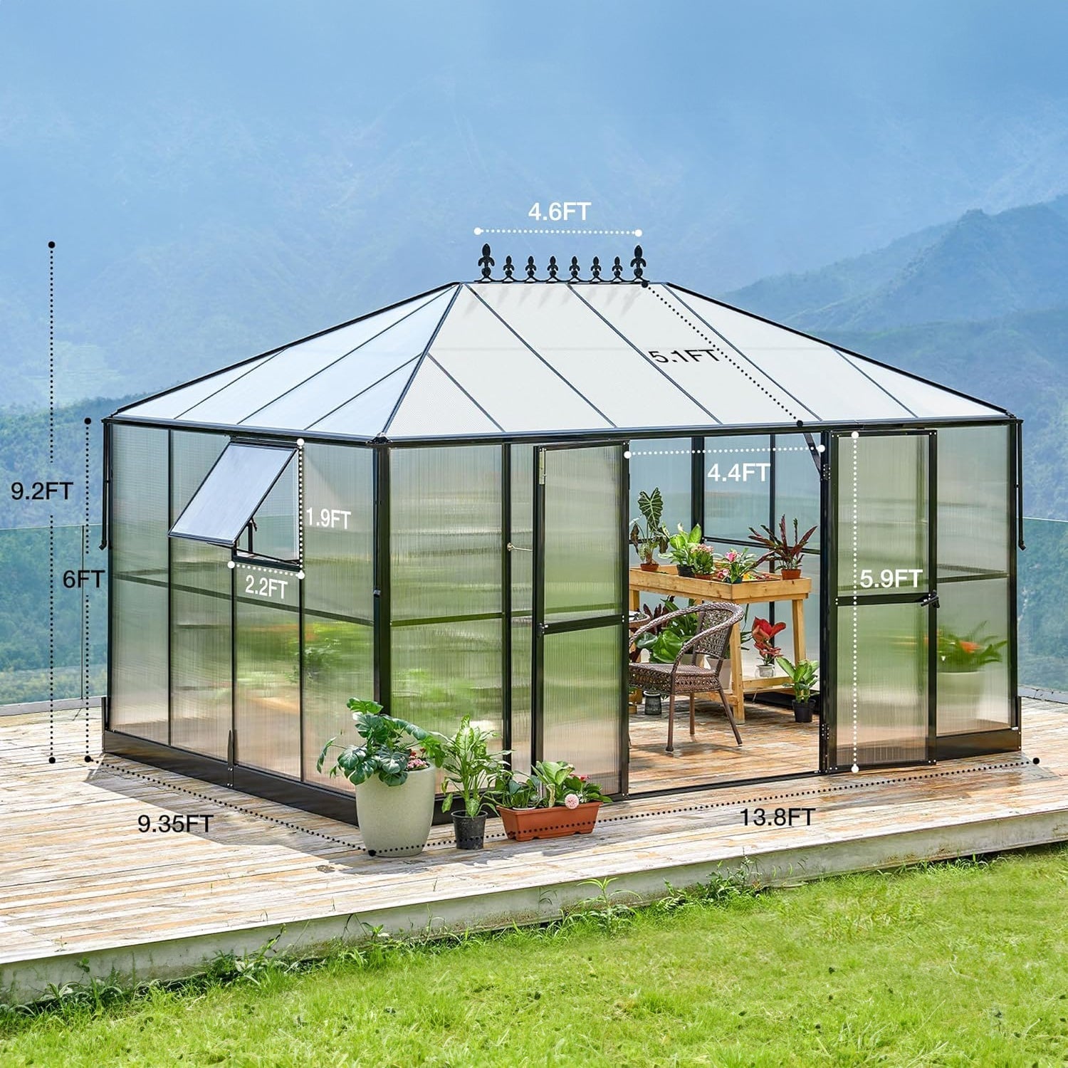 [10x14FT] Premium Outdoor Polycarbonate Greenhouse With Aluminum Frame And Double Swing Doors (93841752) - Energize Trek