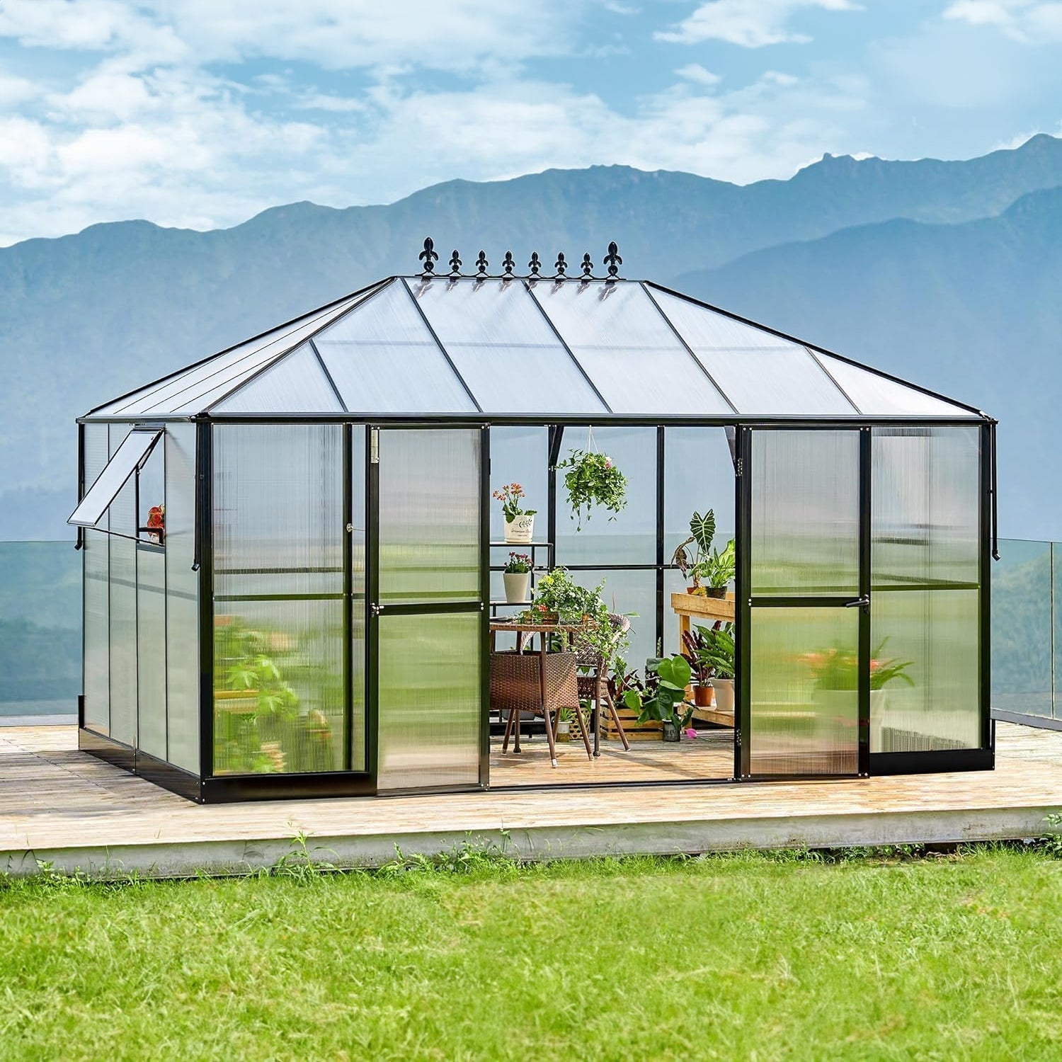[10x14FT] Premium Outdoor Polycarbonate Greenhouse With Aluminum Frame And Double Swing Doors (93841752) - Energize Trek