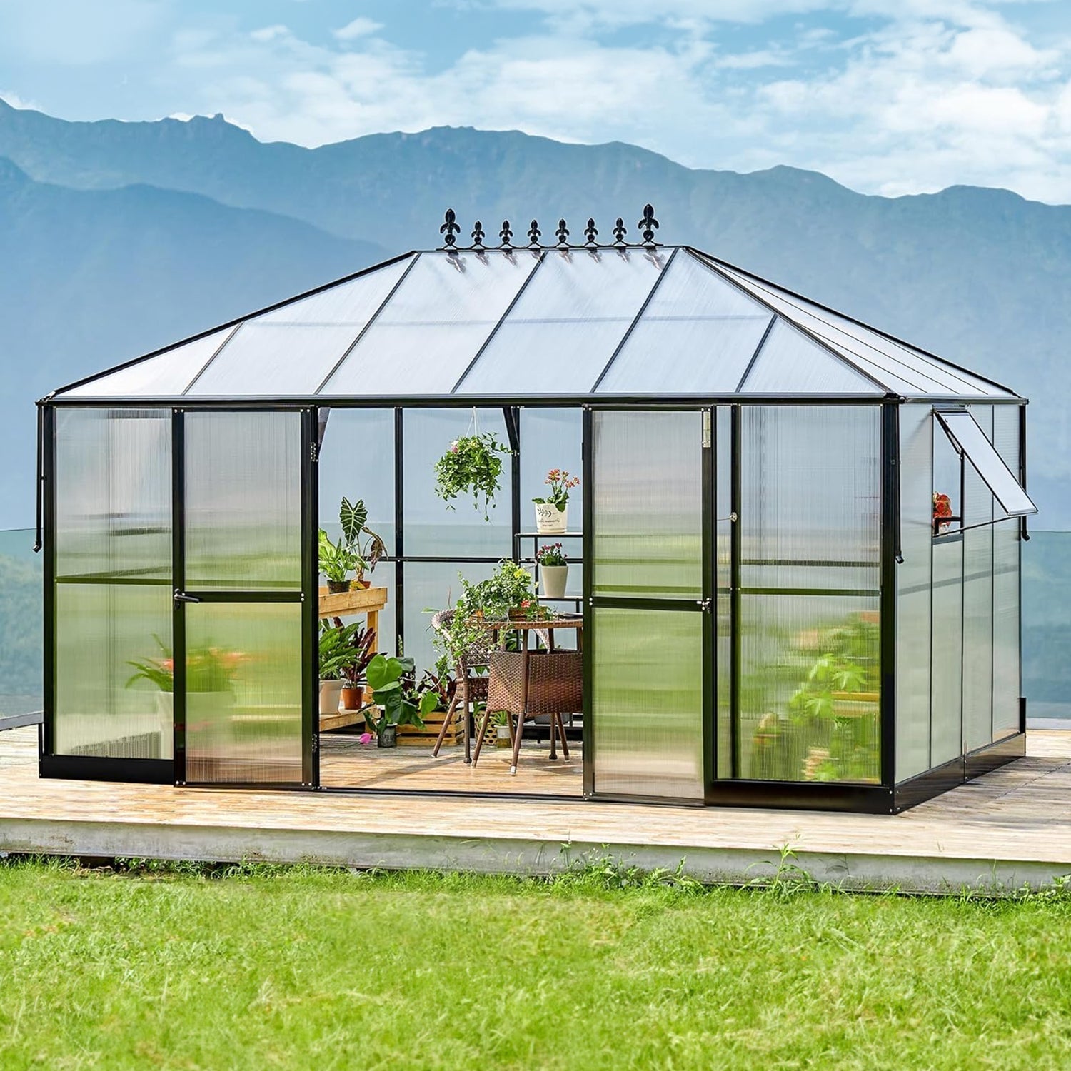 [10x14FT] Premium Outdoor Polycarbonate Greenhouse With Aluminum Frame And Double Swing Doors (93841752) - Energize Trek