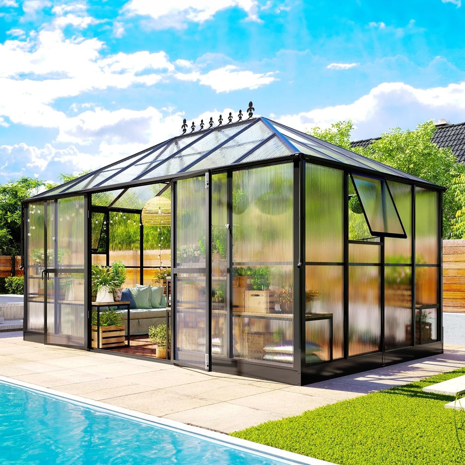 [10x14FT] Premium Outdoor Polycarbonate Greenhouse With Aluminum Frame And Double Swing Doors (93841752) - Energize Trek