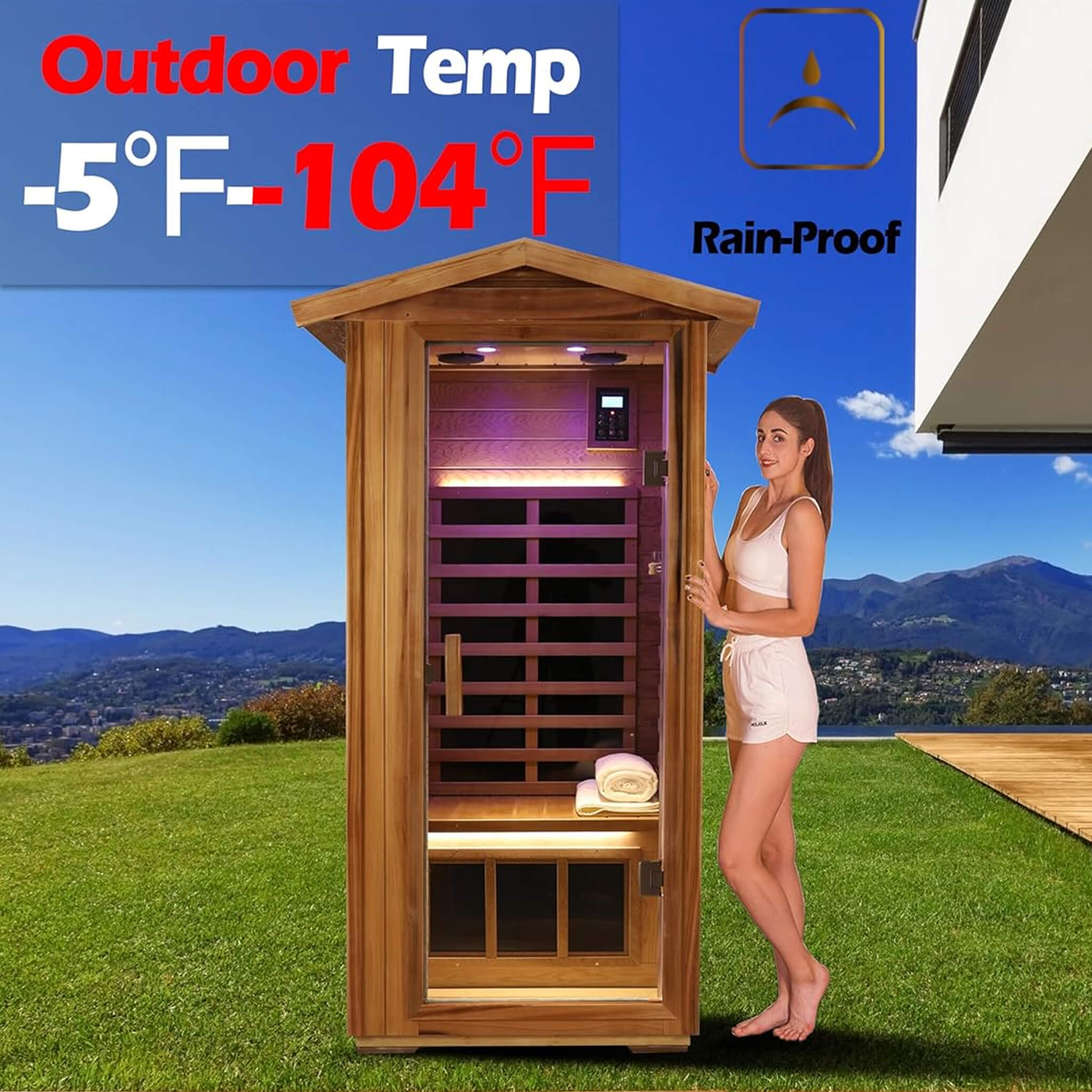 Premium 1-Person Outdoor Red Cedar Infrared Sauna With Low EMF, Chromotherapy And Bluetooth (SAK32783) - Energize Trek
