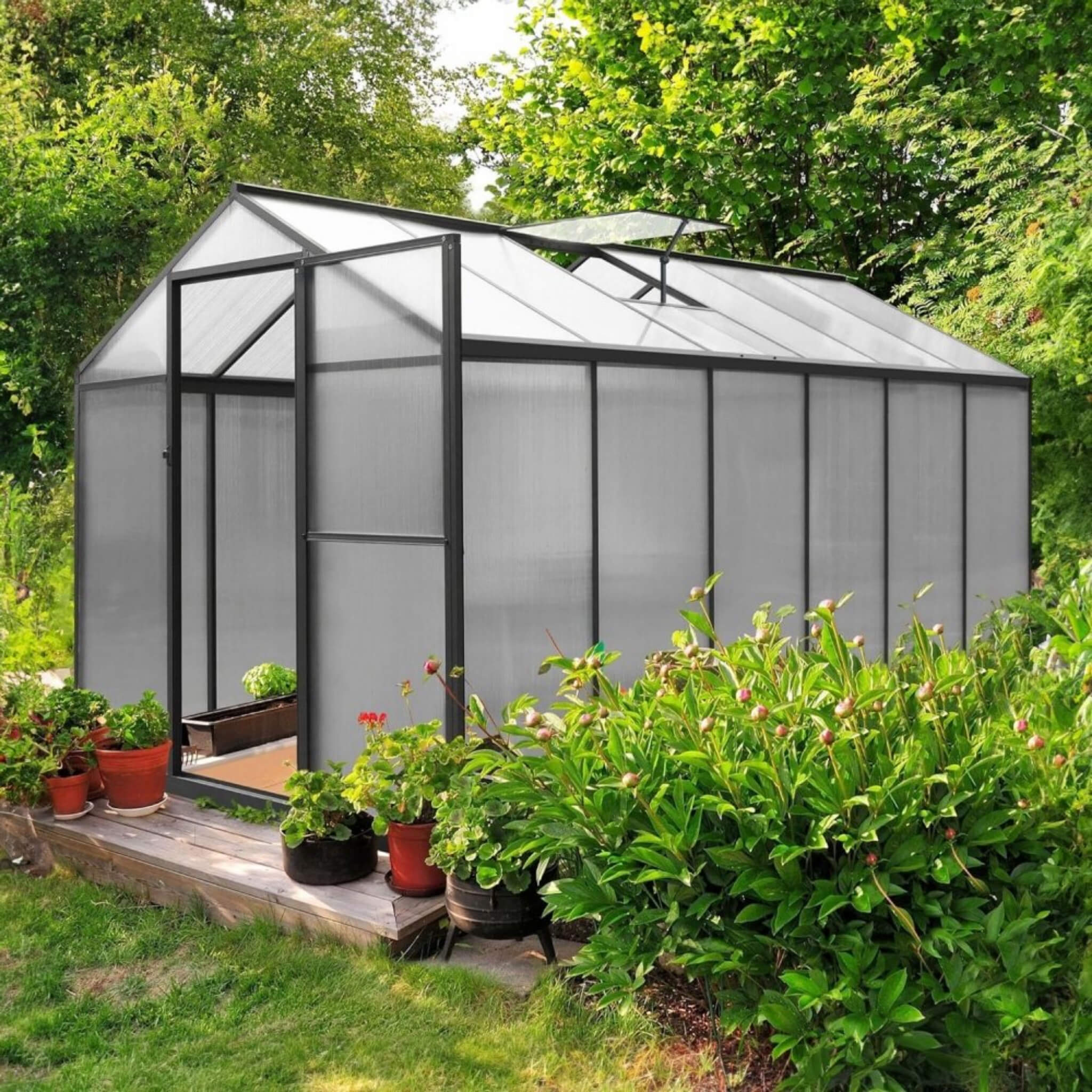 [06x12FT] Premium Polycarbonate Gray Walk-In Greenhouse Kit With Adjustable Vent And Lockable Door (SAK35264) - Energize Trek