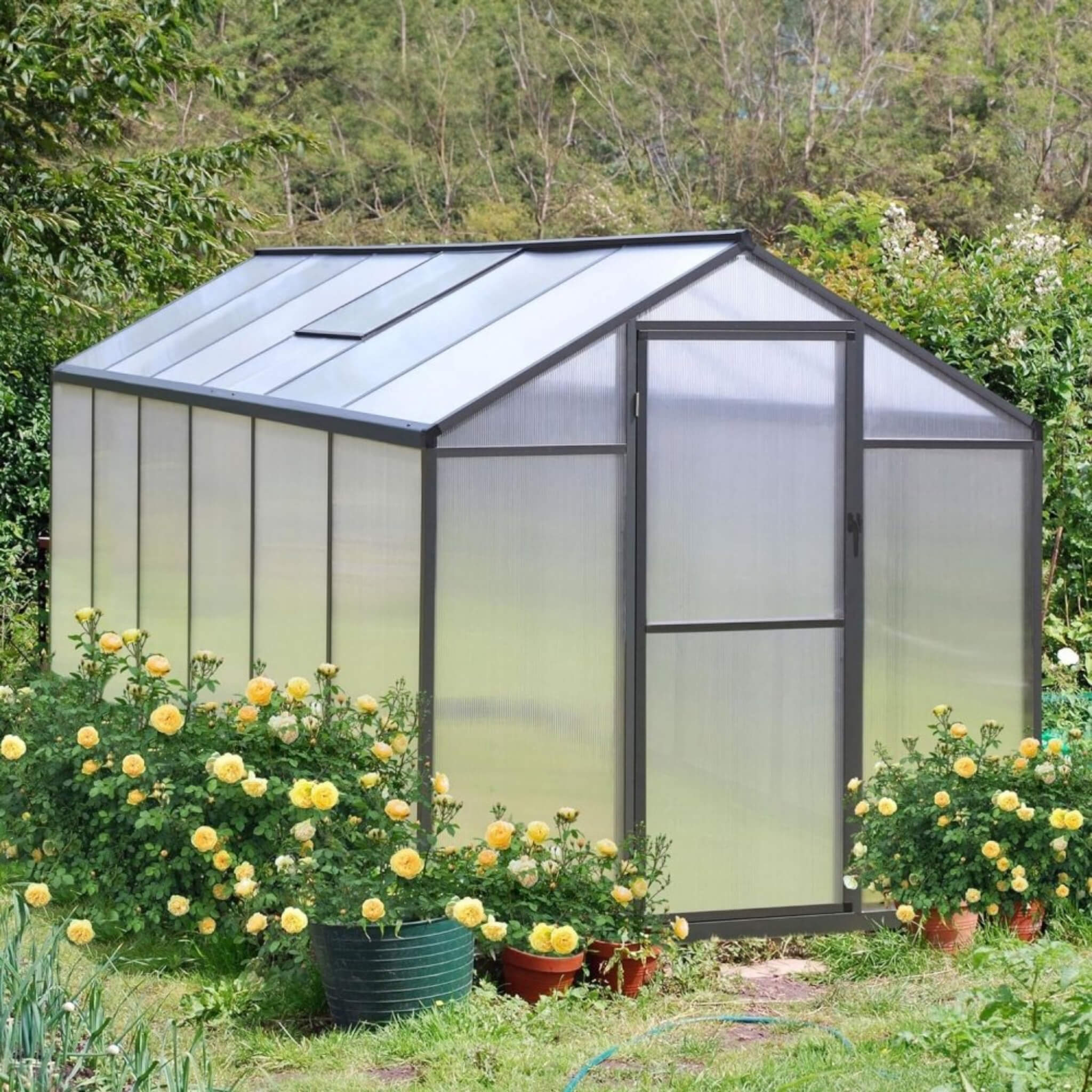 [06x12FT] Premium Polycarbonate Gray Walk-In Greenhouse Kit With Adjustable Vent And Lockable Door (SAK35264) - Energize Trek