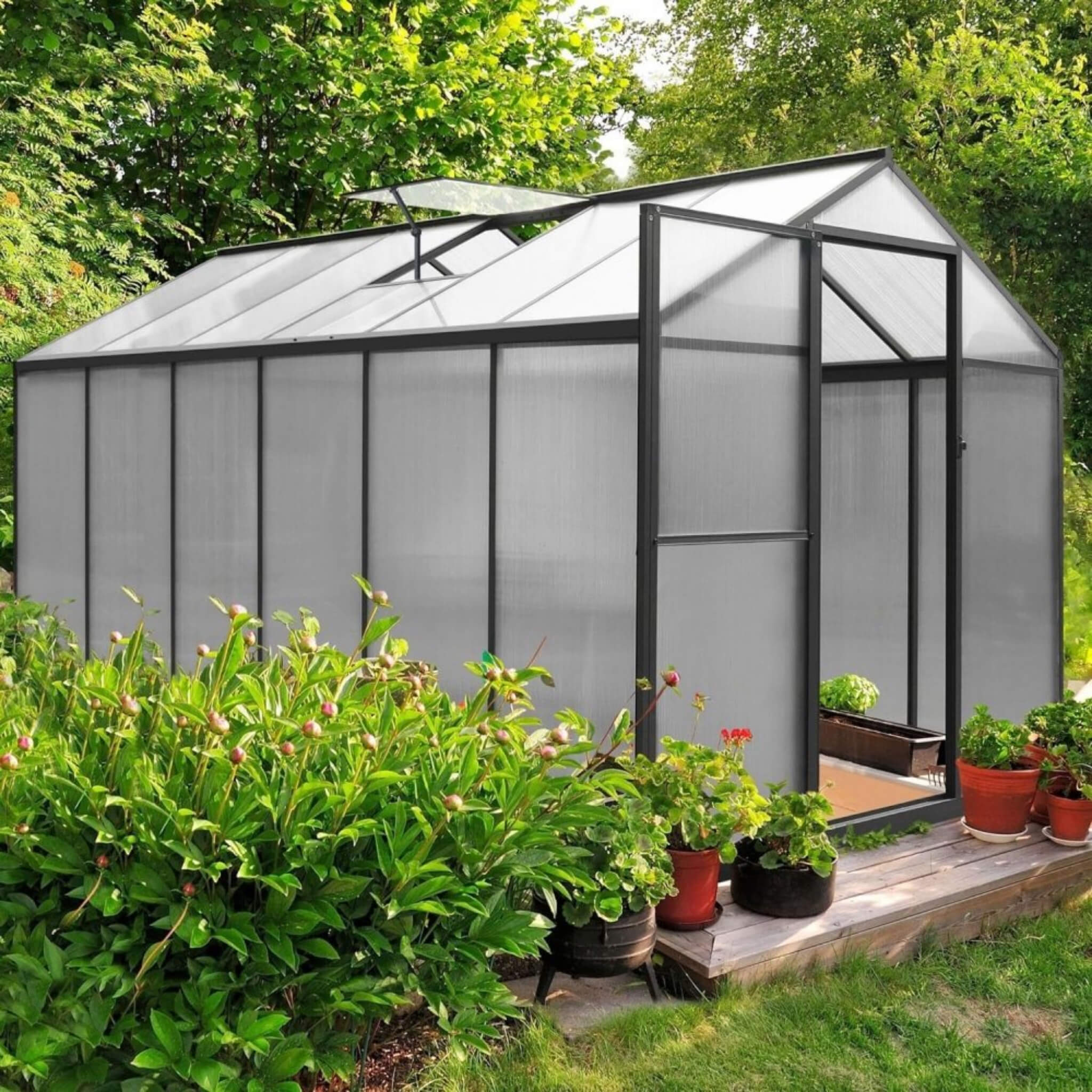 [06x12FT] Premium Polycarbonate Gray Walk-In Greenhouse Kit With Adjustable Vent And Lockable Door (SAK35264) - Energize Trek