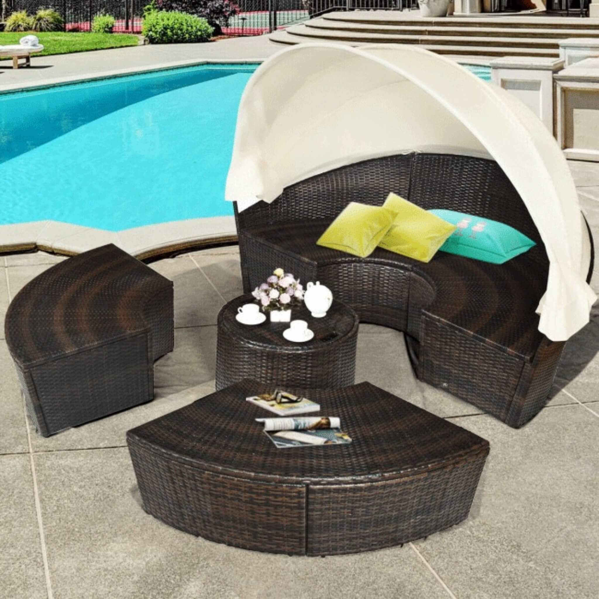 Premium Round Outdoor Patio Rattan Daybed W/ Canopy & Table, 76" (SAK96418) - Energize Trek