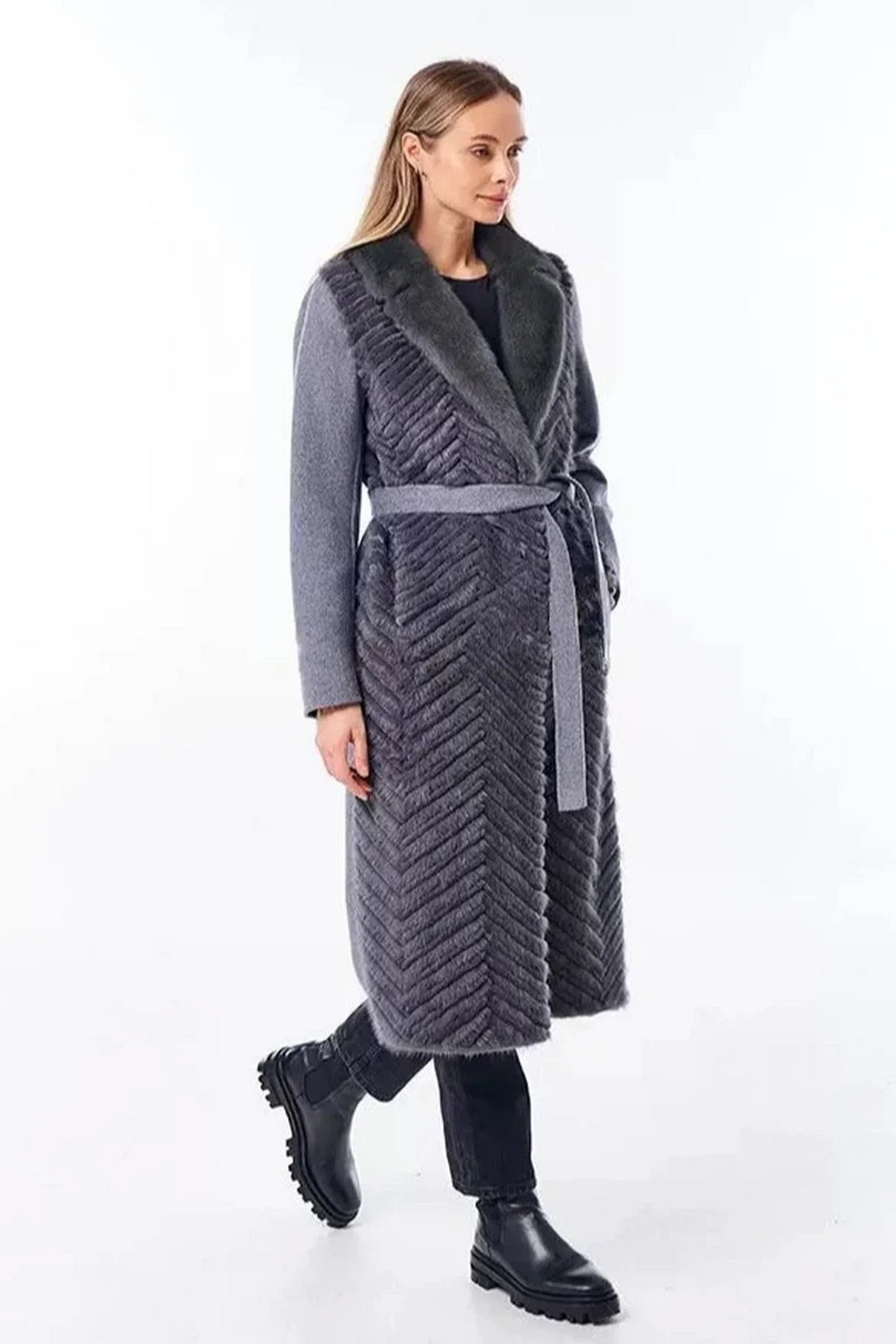 Genuine Mink Fur Rex Fur Trim Virgin Wool Coat - Energize Trek
