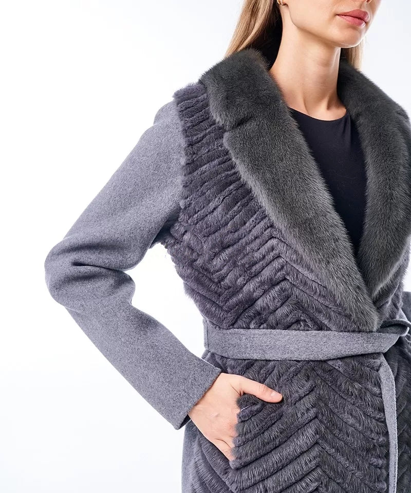 Genuine Mink Fur Rex Fur Trim Virgin Wool Coat - Energize Trek