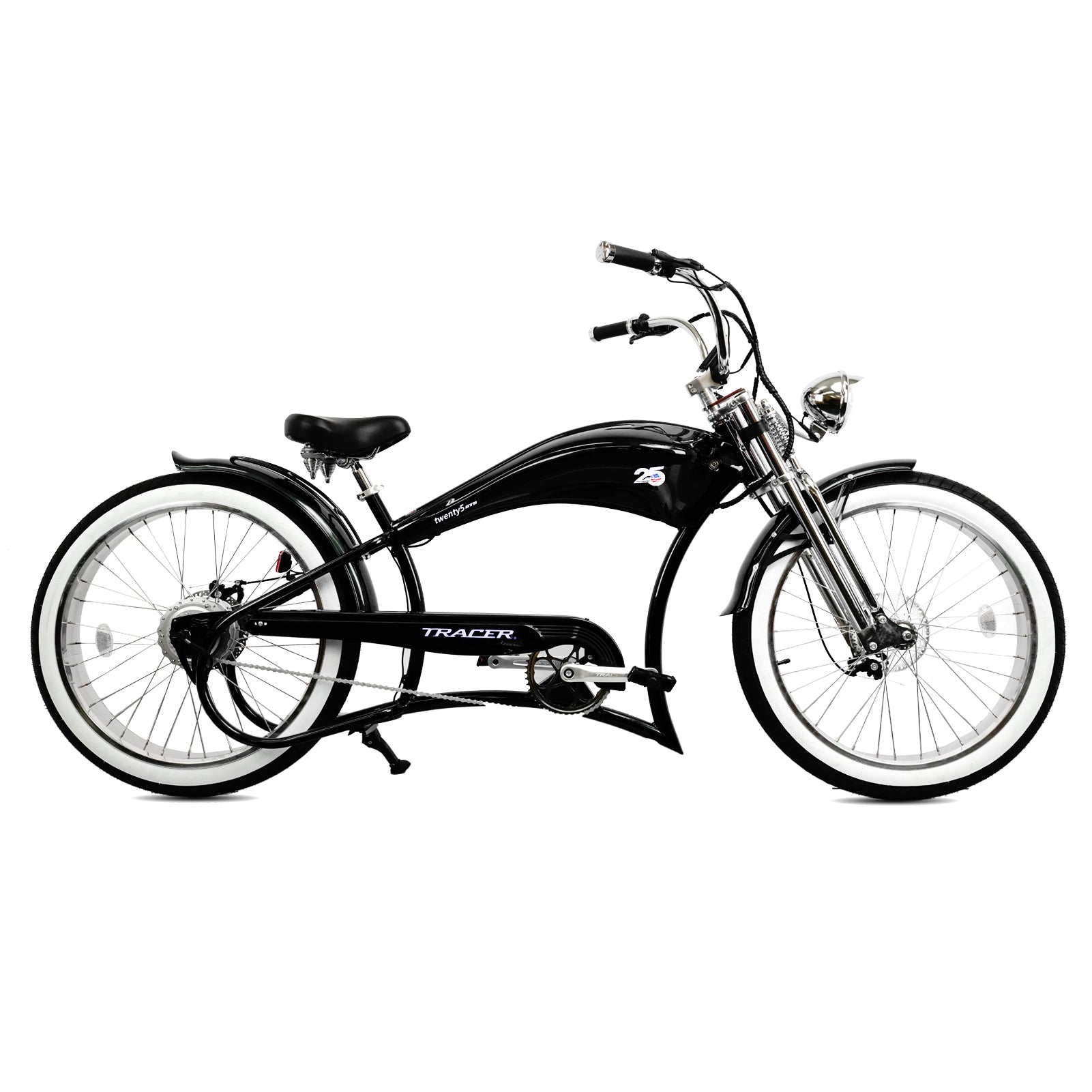 Tracer Twenty5 GTS  26" Chopper Stretch Cruiser E-Bike Steel Frame Triple Tree Dual Springer Classical Fork Disc Brake Motor 5-Speed Hi-Rise HANDLEBAR Alloy Polishing FAT Rims Front 3" Rear 4" 26x3.0 White Wall Tires - Energize Trek