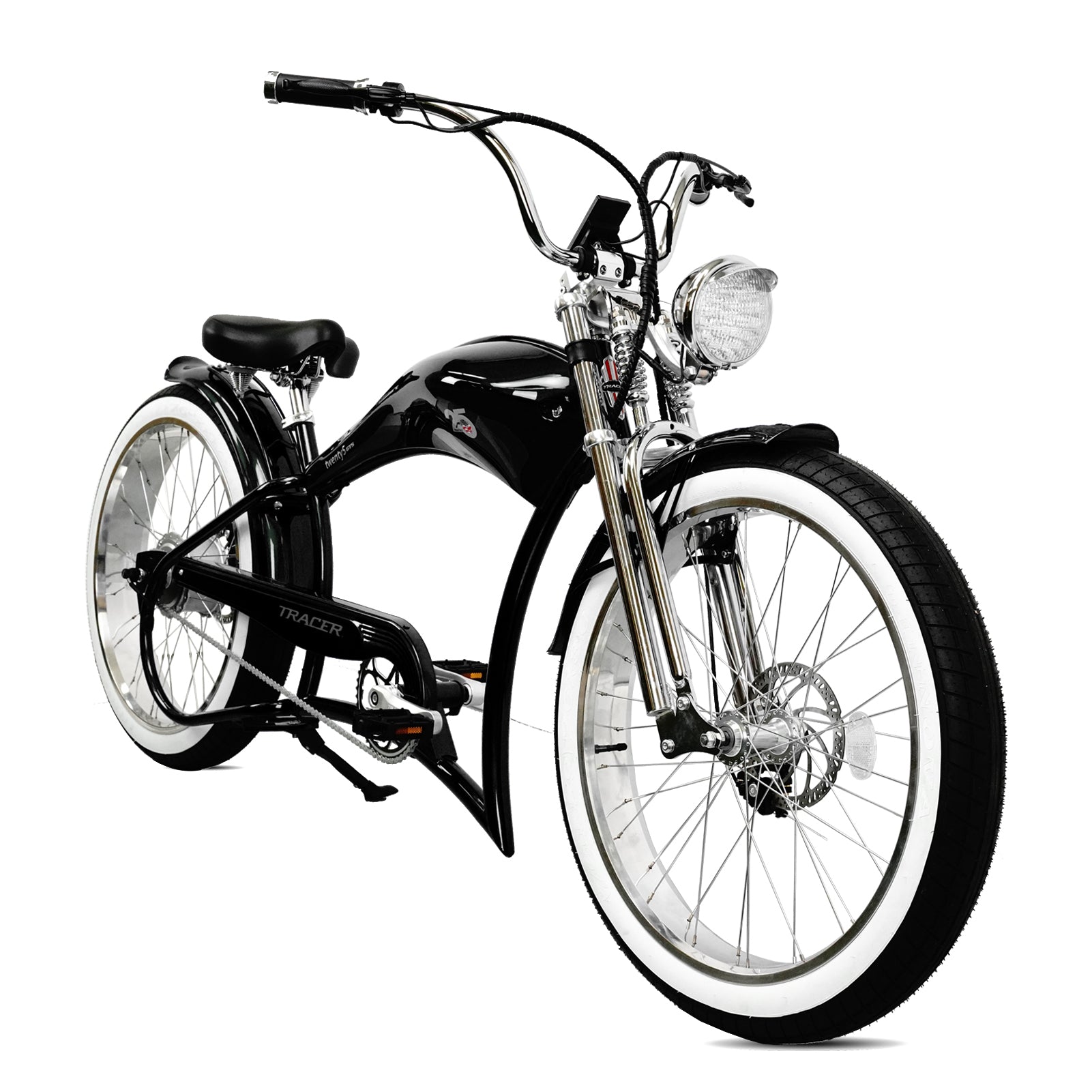 Tracer Twenty5 GTS  26" Chopper Stretch Cruiser E-Bike Steel Frame Triple Tree Dual Springer Classical Fork Disc Brake Motor 5-Speed Hi-Rise HANDLEBAR Alloy Polishing FAT Rims Front 3" Rear 4" 26x3.0 White Wall Tires - Energize Trek
