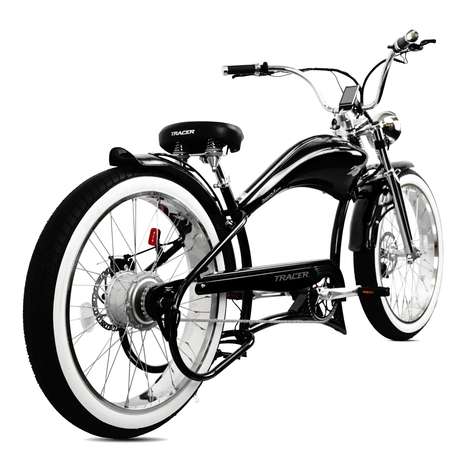 Tracer Twenty5 GTS  26" Chopper Stretch Cruiser E-Bike Steel Frame Triple Tree Dual Springer Classical Fork Disc Brake Motor 5-Speed Hi-Rise HANDLEBAR Alloy Polishing FAT Rims Front 3" Rear 4" 26x3.0 White Wall Tires - Energize Trek