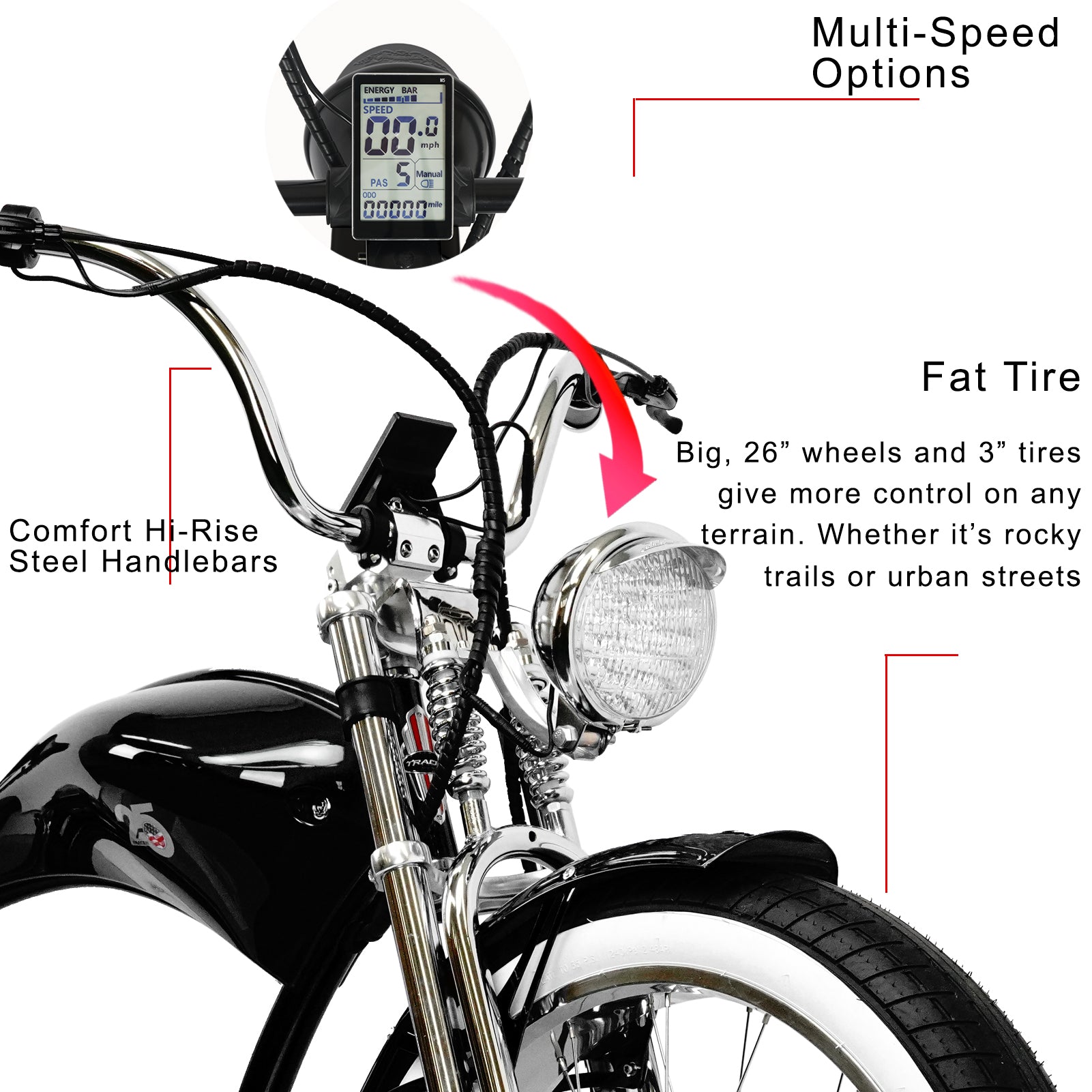 Tracer Twenty5 GTS  26" Chopper Stretch Cruiser E-Bike Steel Frame Triple Tree Dual Springer Classical Fork Disc Brake Motor 5-Speed Hi-Rise HANDLEBAR Alloy Polishing FAT Rims Front 3" Rear 4" 26x3.0 White Wall Tires - Energize Trek