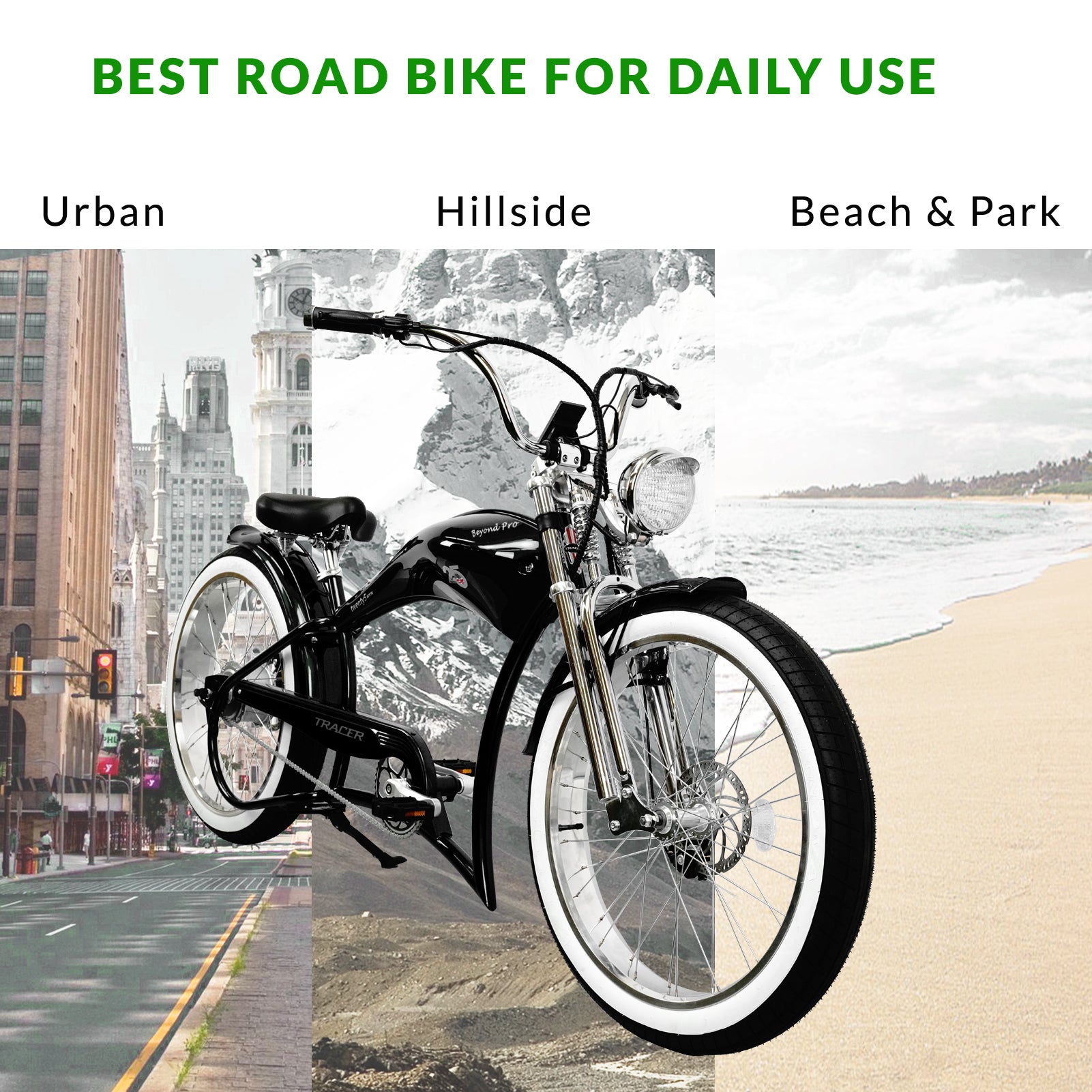 Tracer Twenty5 GTS  26" Chopper Stretch Cruiser E-Bike Steel Frame Triple Tree Dual Springer Classical Fork Disc Brake Motor 5-Speed Hi-Rise HANDLEBAR Alloy Polishing FAT Rims Front 3" Rear 4" 26x3.0 White Wall Tires - Energize Trek