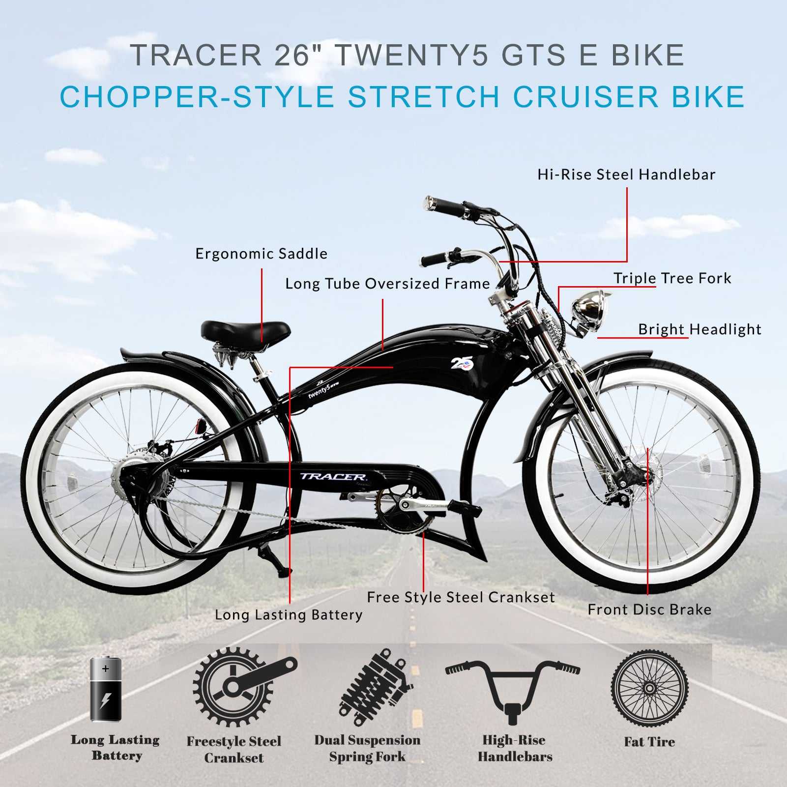 Tracer Twenty5 GTS  26" Chopper Stretch Cruiser E-Bike Steel Frame Triple Tree Dual Springer Classical Fork Disc Brake Motor 5-Speed Hi-Rise HANDLEBAR Alloy Polishing FAT Rims Front 3" Rear 4" 26x3.0 White Wall Tires - Energize Trek