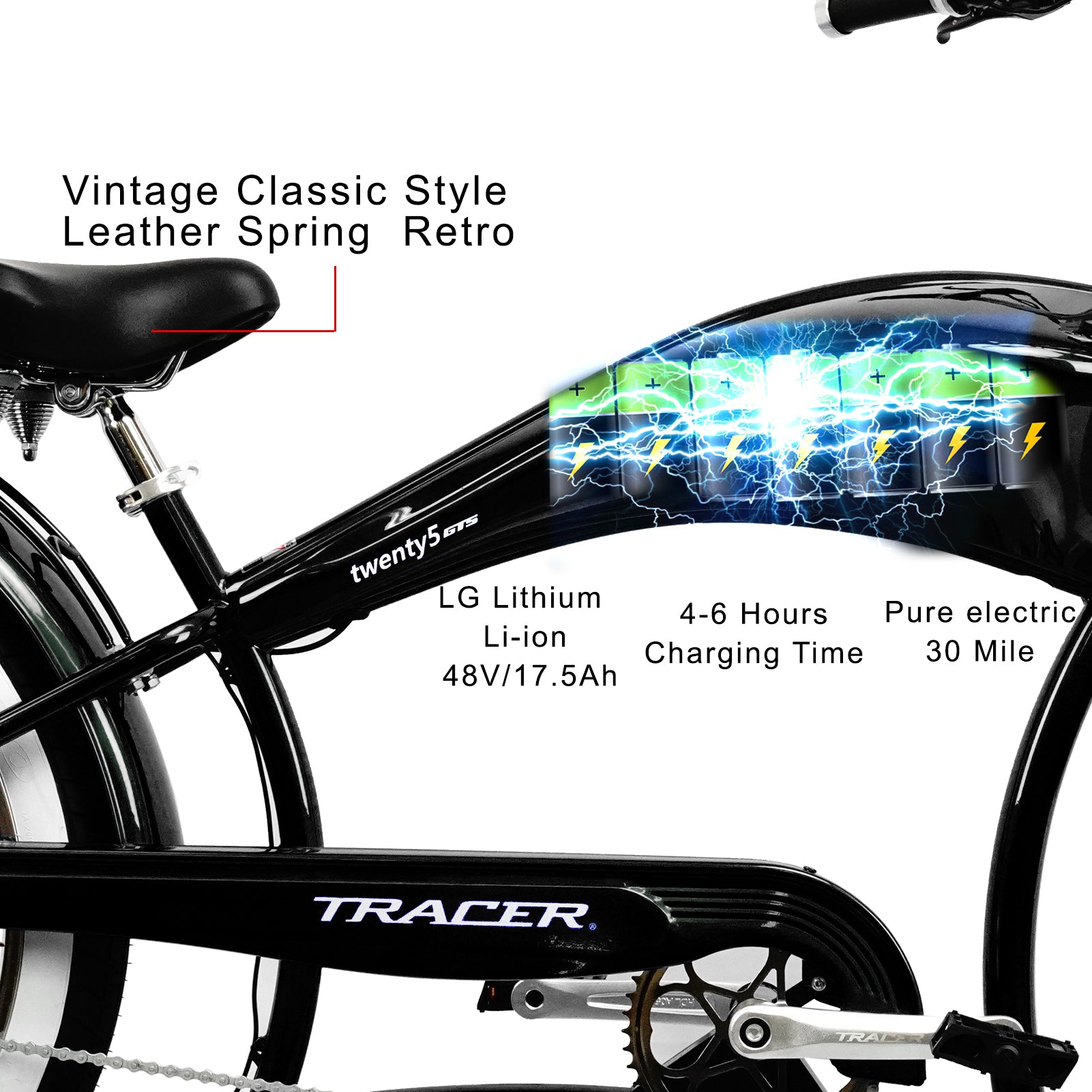 Tracer Twenty5 GTS  26" Chopper Stretch Cruiser E-Bike Steel Frame Triple Tree Dual Springer Classical Fork Disc Brake Motor 5-Speed Hi-Rise HANDLEBAR Alloy Polishing FAT Rims Front 3" Rear 4" 26x3.0 White Wall Tires - Energize Trek