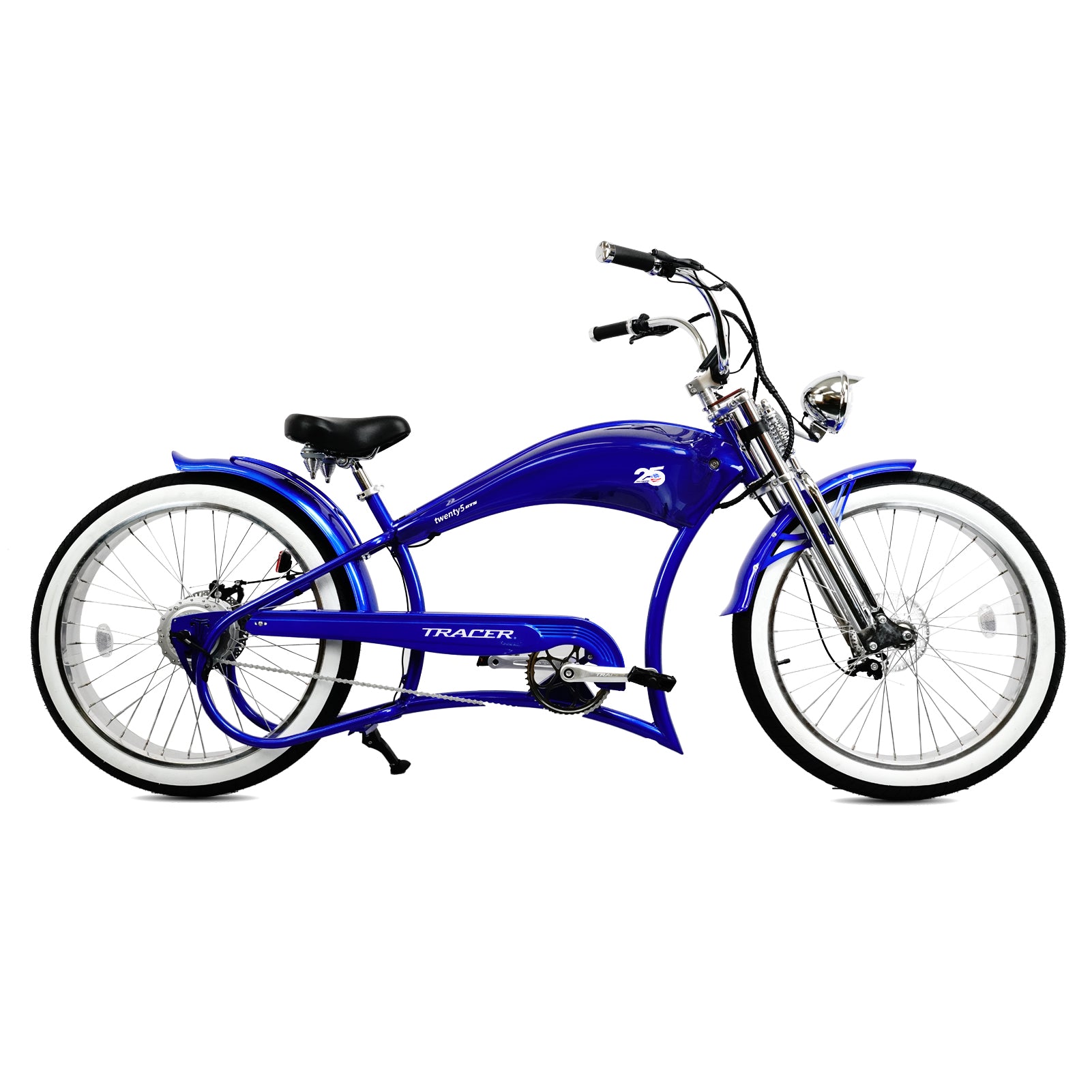 Tracer Twenty5 GTS  26" Chopper Stretch Cruiser E-Bike Steel Frame Triple Tree Dual Springer Classical Fork Disc Brake Motor 5-Speed Hi-Rise HANDLEBAR Alloy Polishing FAT Rims Front 3" Rear 4" 26x3.0 White Wall Tires - Energize Trek