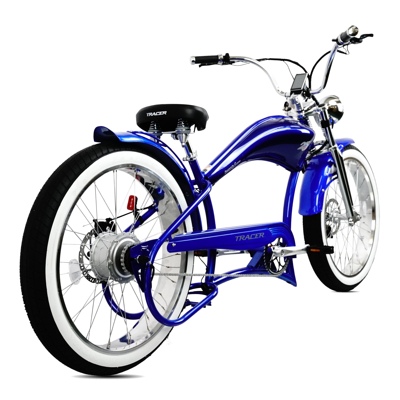 Tracer Twenty5 GTS  26" Chopper Stretch Cruiser E-Bike Steel Frame Triple Tree Dual Springer Classical Fork Disc Brake Motor 5-Speed Hi-Rise HANDLEBAR Alloy Polishing FAT Rims Front 3" Rear 4" 26x3.0 White Wall Tires - Energize Trek
