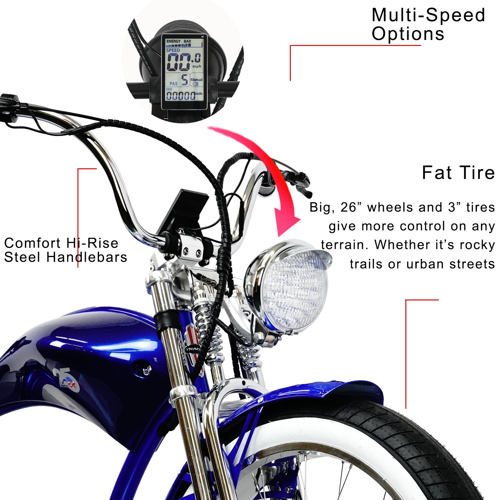 Tracer Twenty5 GTS  26" Chopper Stretch Cruiser E-Bike Steel Frame Triple Tree Dual Springer Classical Fork Disc Brake Motor 5-Speed Hi-Rise HANDLEBAR Alloy Polishing FAT Rims Front 3" Rear 4" 26x3.0 White Wall Tires - Energize Trek