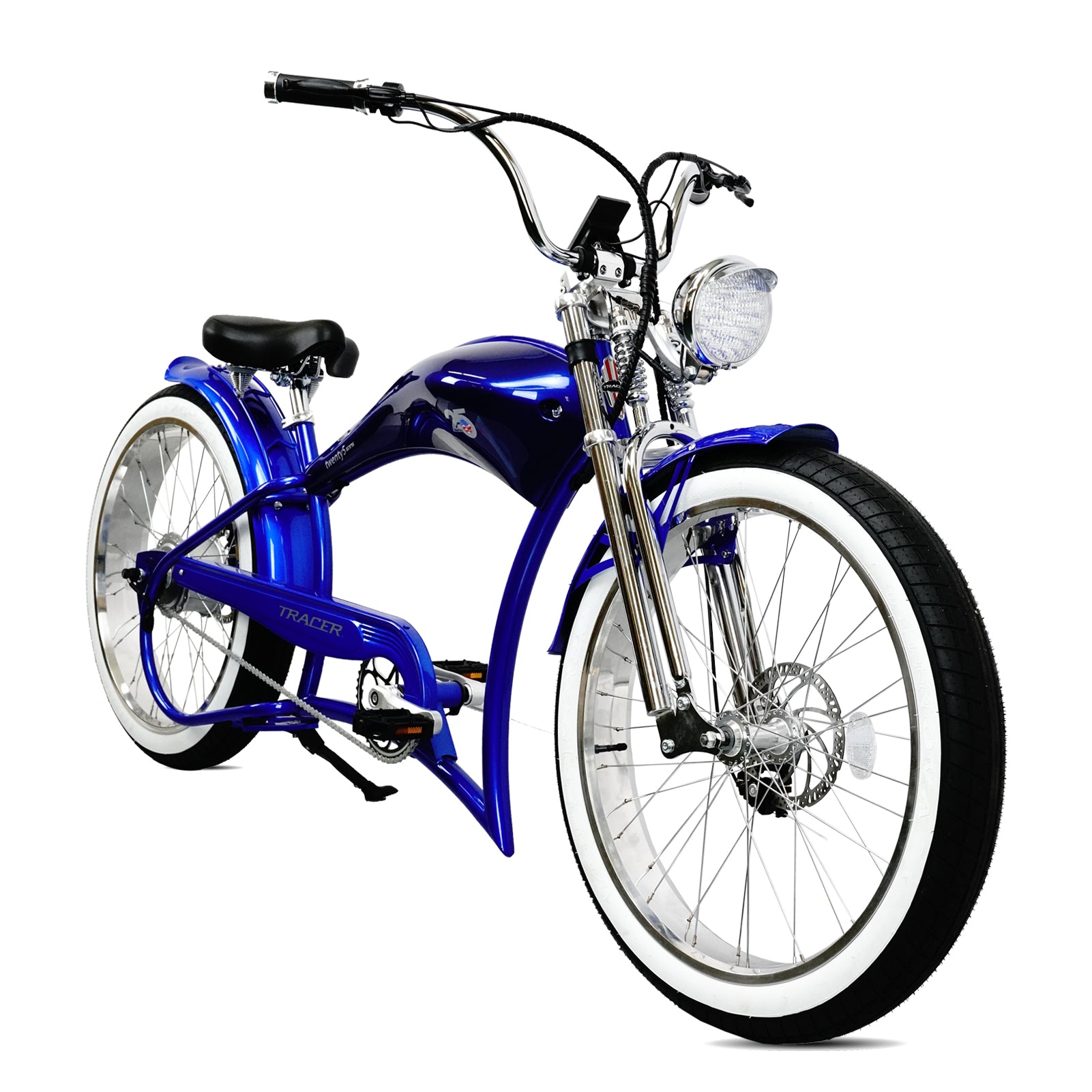 Tracer Twenty5 GTS  26" Chopper Stretch Cruiser E-Bike Steel Frame Triple Tree Dual Springer Classical Fork Disc Brake Motor 5-Speed Hi-Rise HANDLEBAR Alloy Polishing FAT Rims Front 3" Rear 4" 26x3.0 White Wall Tires - Energize Trek