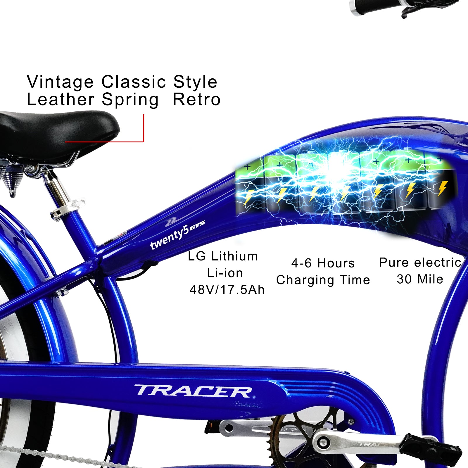 Tracer Twenty5 GTS  26" Chopper Stretch Cruiser E-Bike Steel Frame Triple Tree Dual Springer Classical Fork Disc Brake Motor 5-Speed Hi-Rise HANDLEBAR Alloy Polishing FAT Rims Front 3" Rear 4" 26x3.0 White Wall Tires - Energize Trek