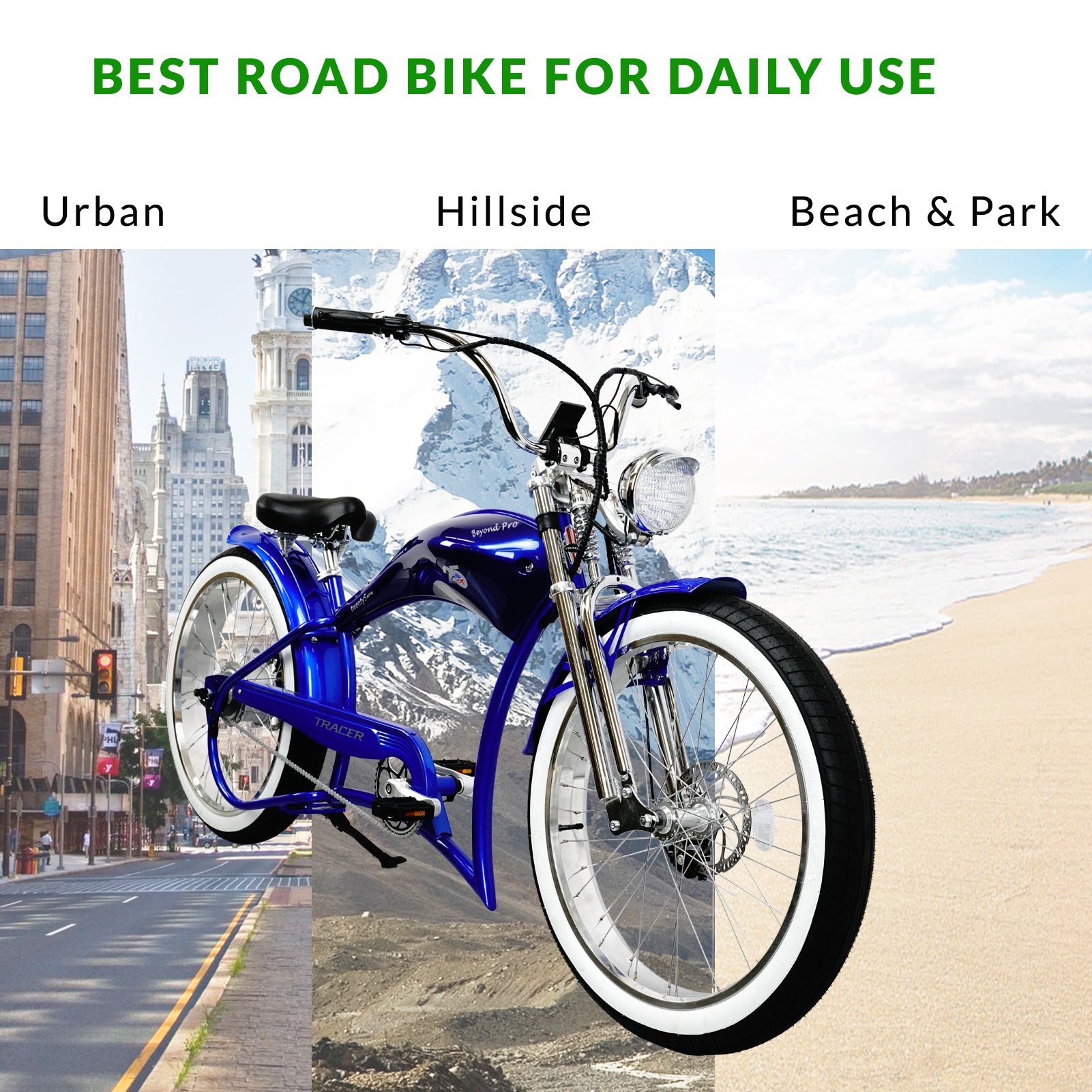 Tracer Twenty5 GTS  26" Chopper Stretch Cruiser E-Bike Steel Frame Triple Tree Dual Springer Classical Fork Disc Brake Motor 5-Speed Hi-Rise HANDLEBAR Alloy Polishing FAT Rims Front 3" Rear 4" 26x3.0 White Wall Tires - Energize Trek