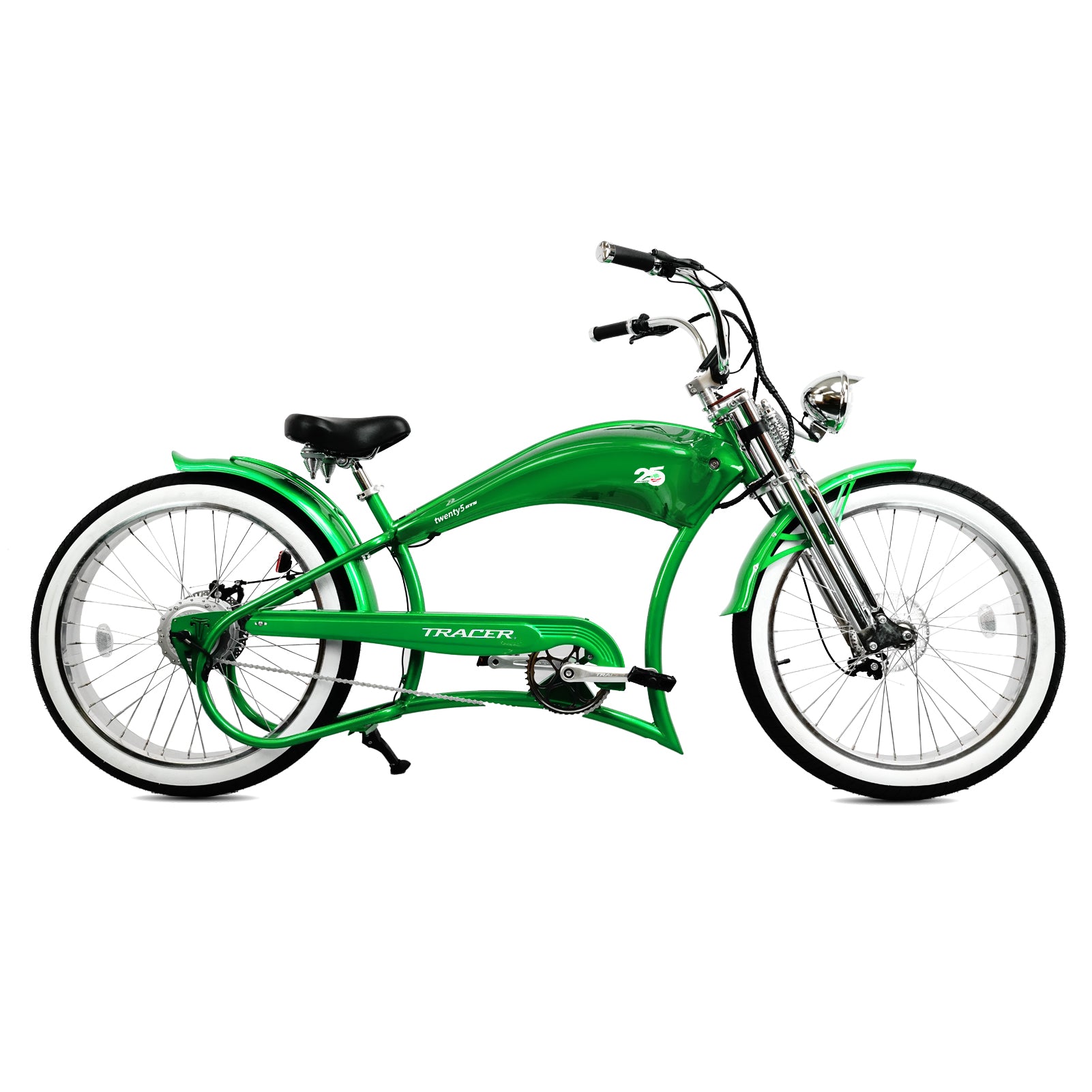 Tracer Twenty5 GTS  26" Chopper Stretch Cruiser E-Bike Steel Frame Triple Tree Dual Springer Classical Fork Disc Brake Motor 5-Speed Hi-Rise HANDLEBAR Alloy Polishing FAT Rims Front 3" Rear 4" 26x3.0 White Wall Tires - Energize Trek