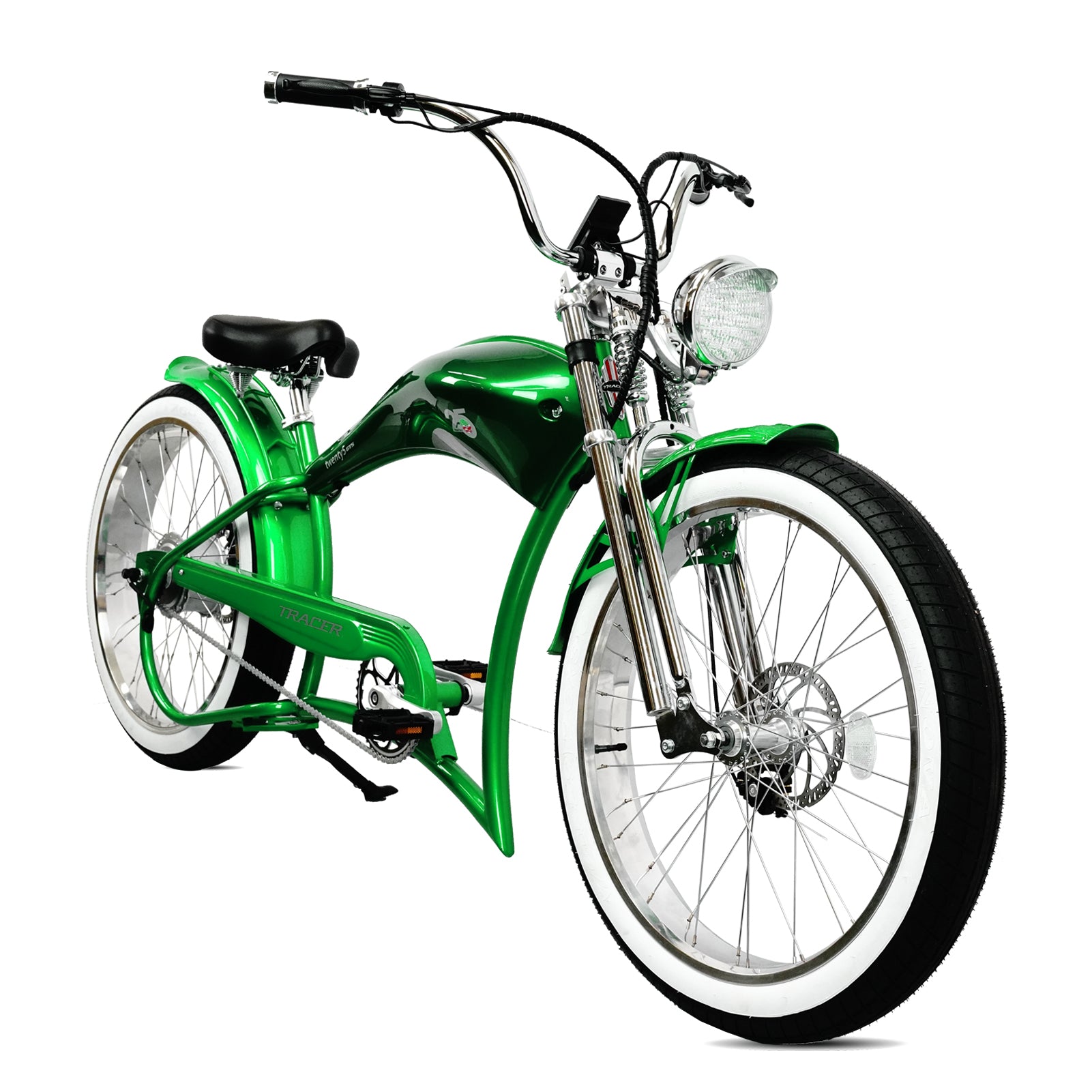 Tracer Twenty5 GTS  26" Chopper Stretch Cruiser E-Bike Steel Frame Triple Tree Dual Springer Classical Fork Disc Brake Motor 5-Speed Hi-Rise HANDLEBAR Alloy Polishing FAT Rims Front 3" Rear 4" 26x3.0 White Wall Tires - Energize Trek